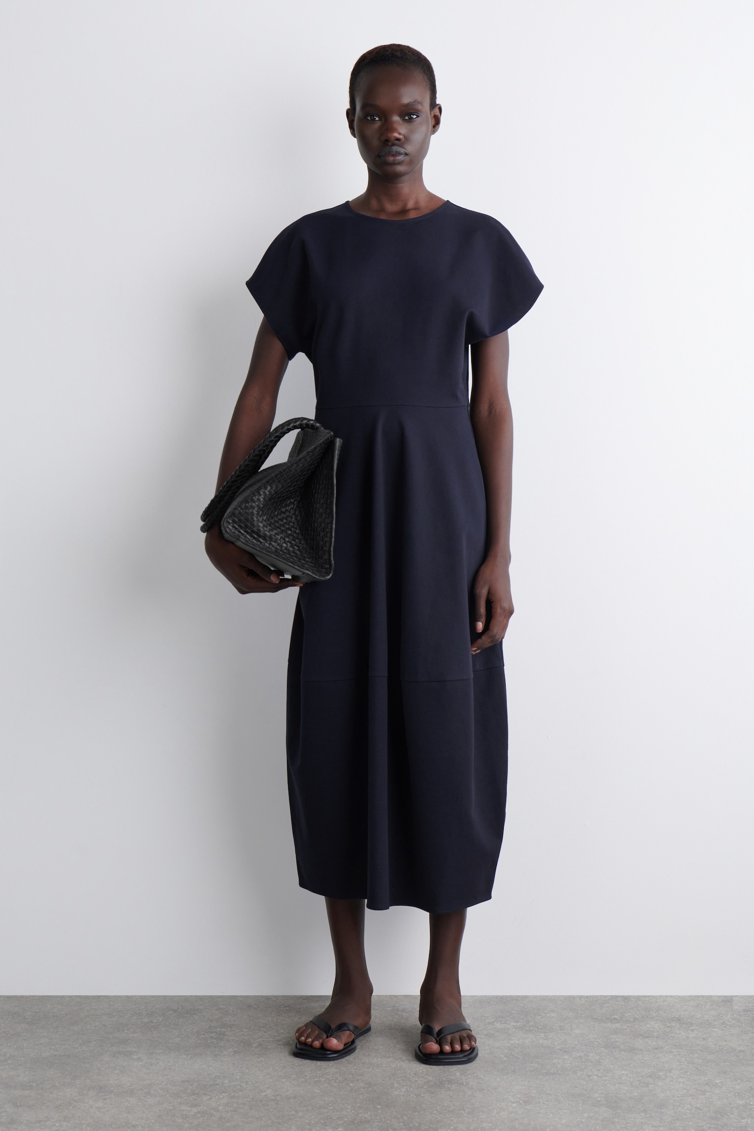 SCULPTED COTTON MIDI DRESS - NAVY/LIGHT BLUE/OCHRE/BLACK