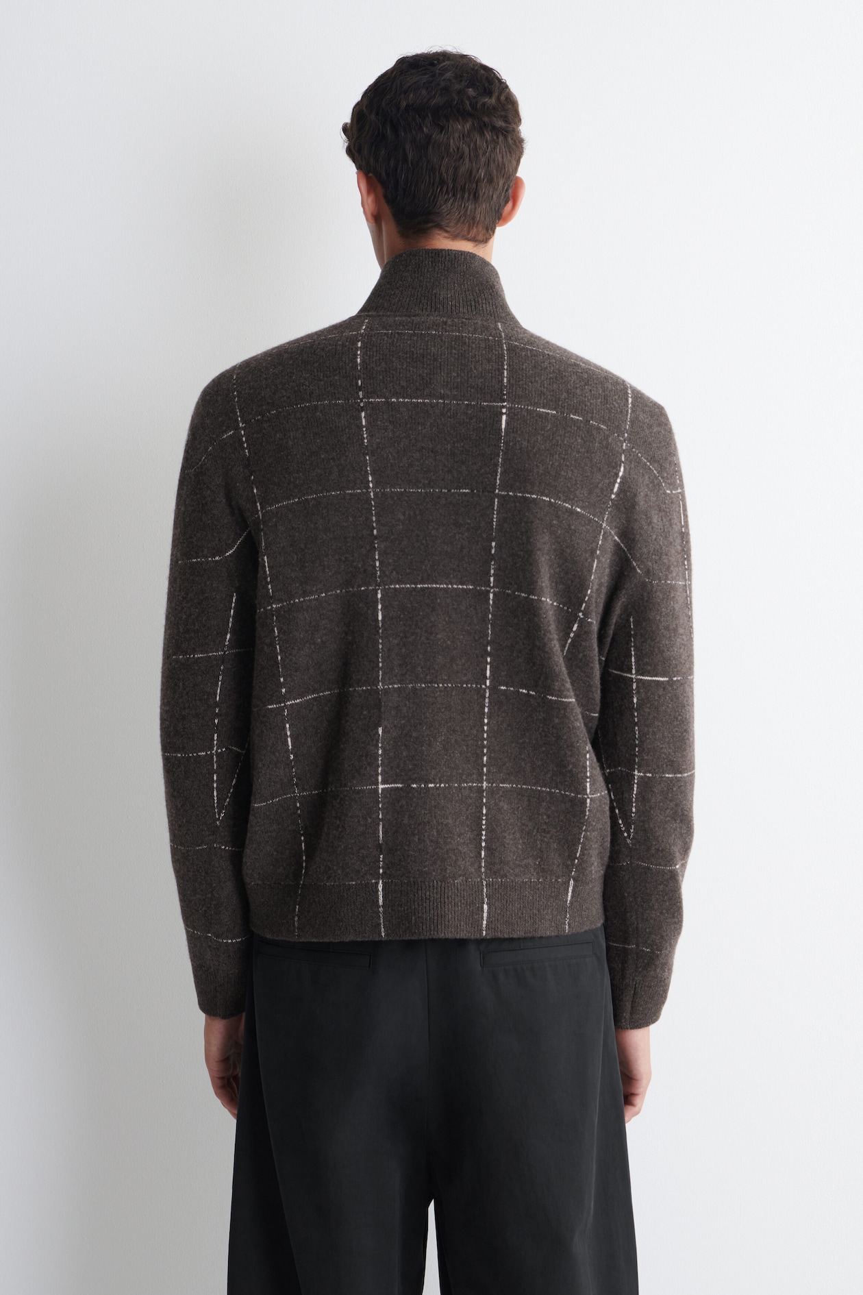 CHECKED WOOL-COTTON ZIP-UP SWEATER — BROWN / CHECKED