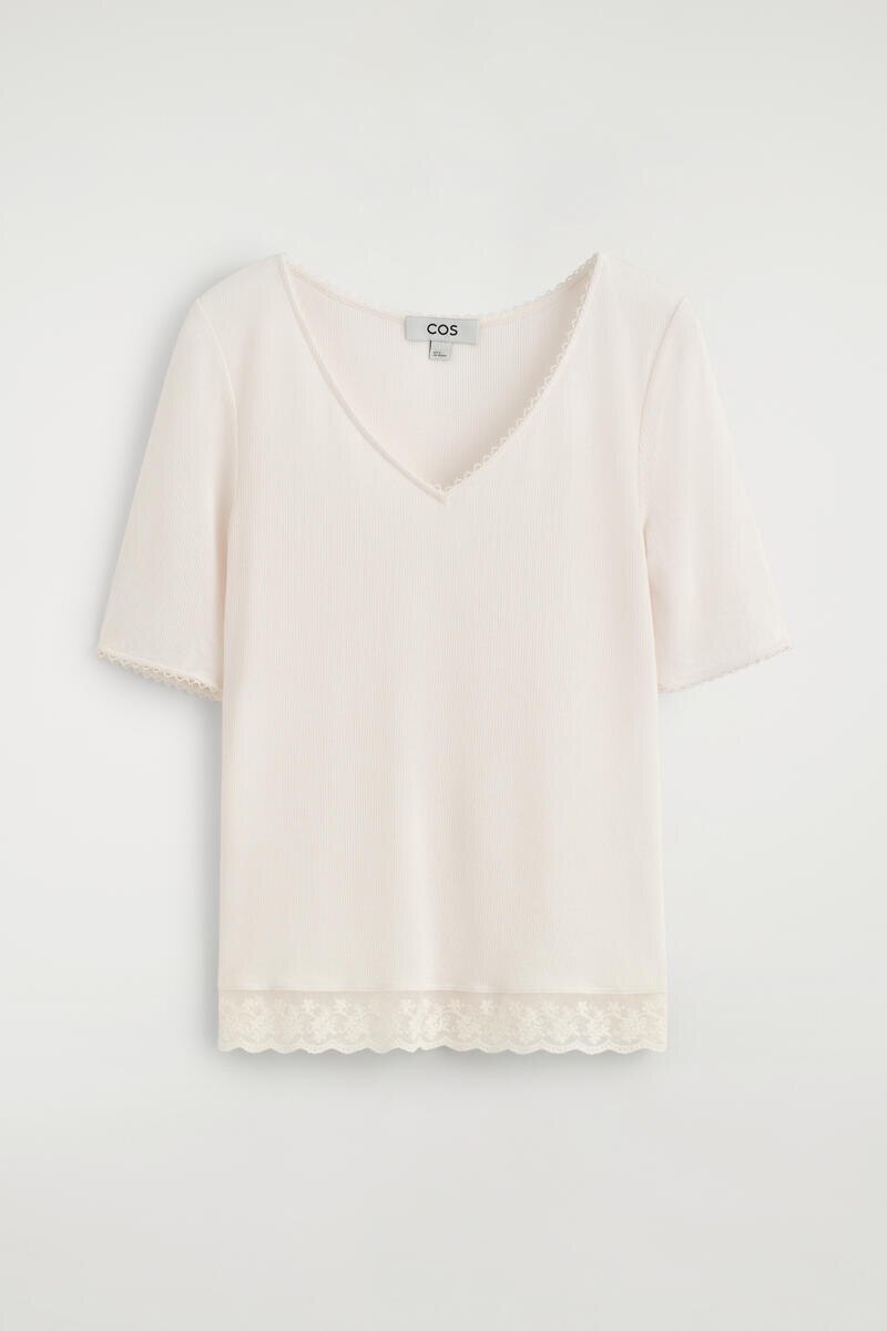 Lace-Trimmed Ribbed V-Neck T-Shirt