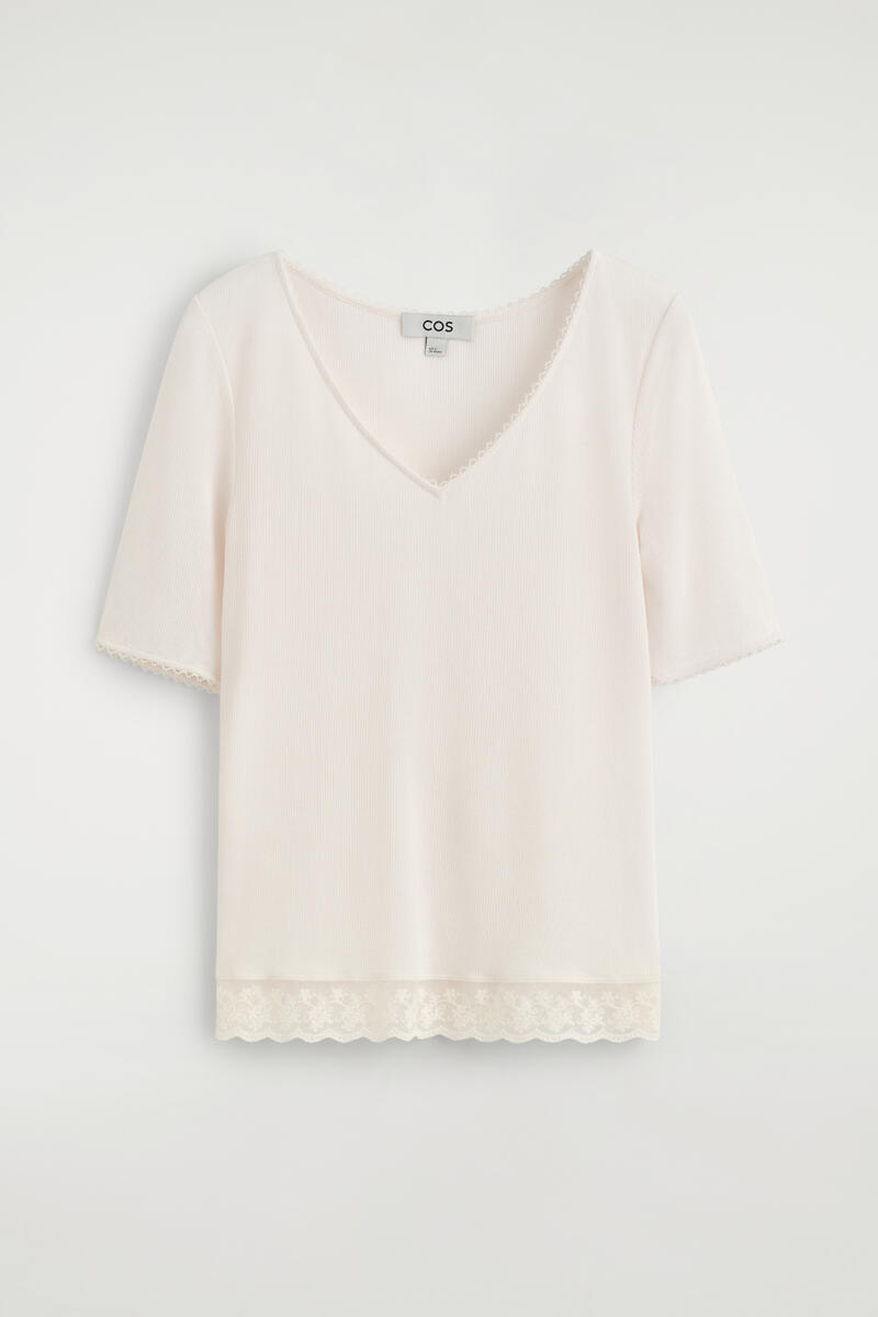 Lace-Trimmed Ribbed V-Neck T-Shirt
