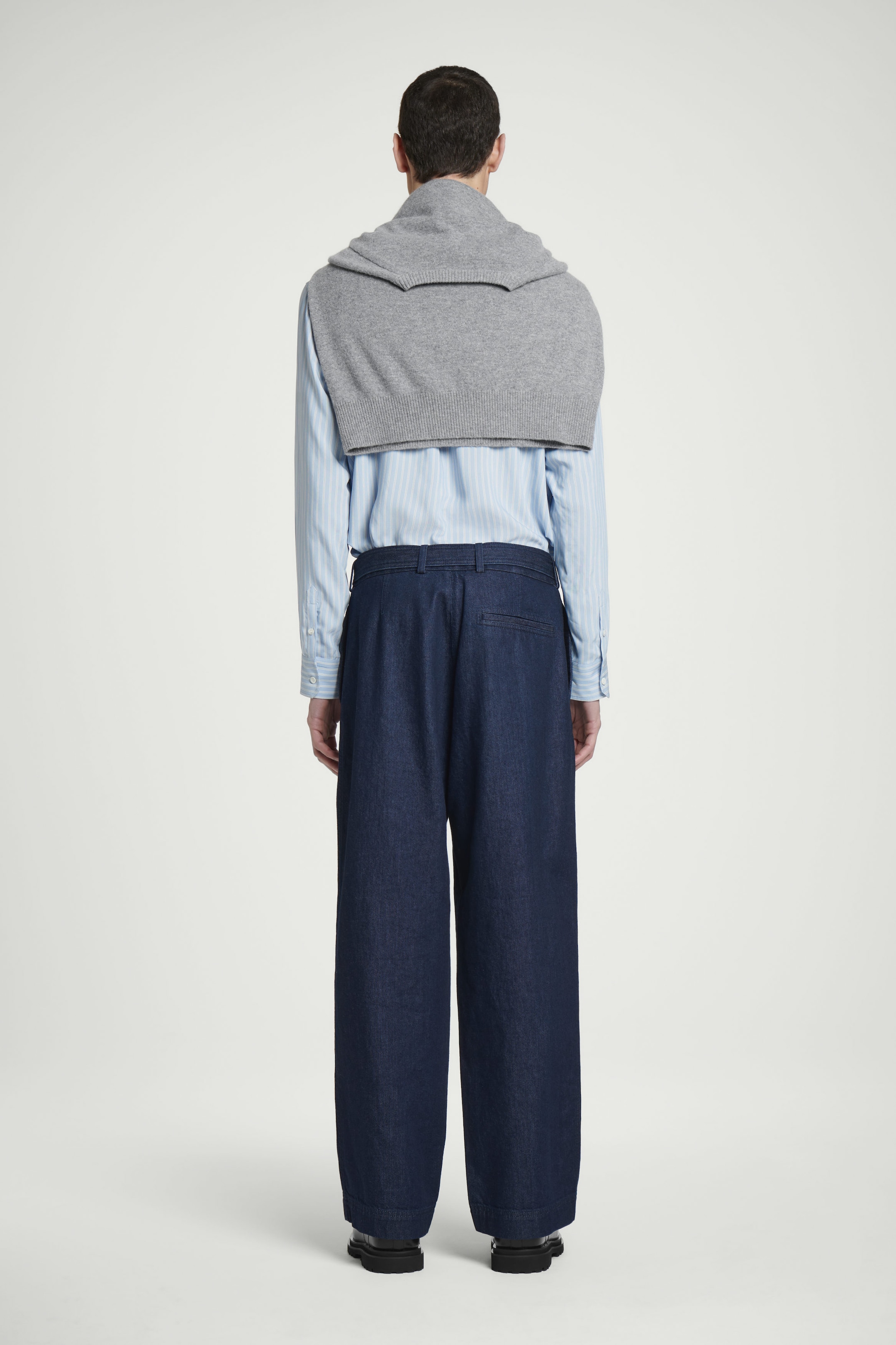 BELTED DENIM STRAIGHT-LEG TROUSERS