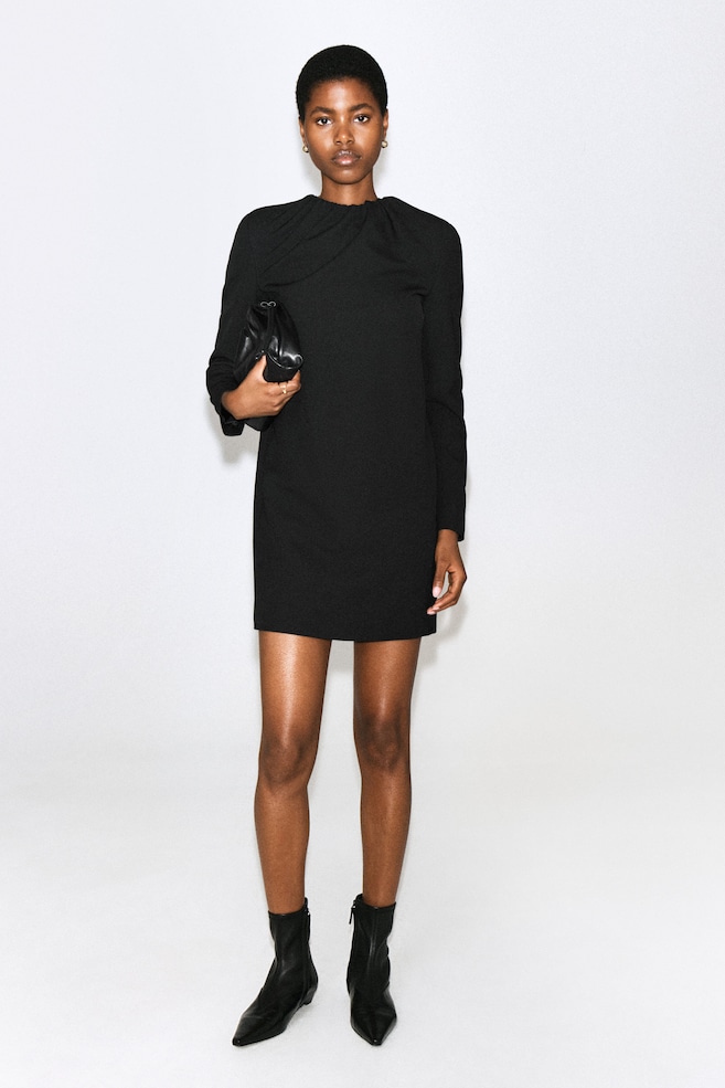 PLEATED TAILORED TWILL MINI DRESS — BLACK