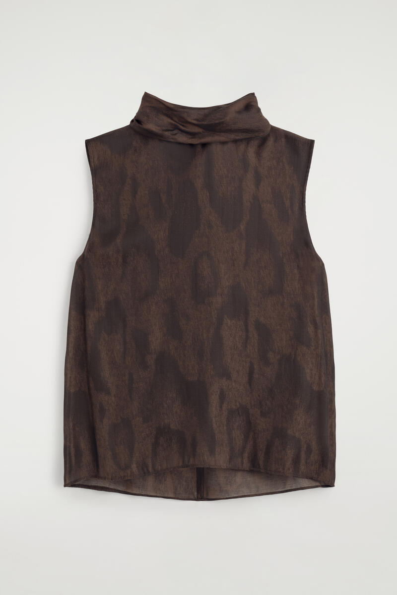 Animal-Jacquard Scarf-Detail Blouse in Brown