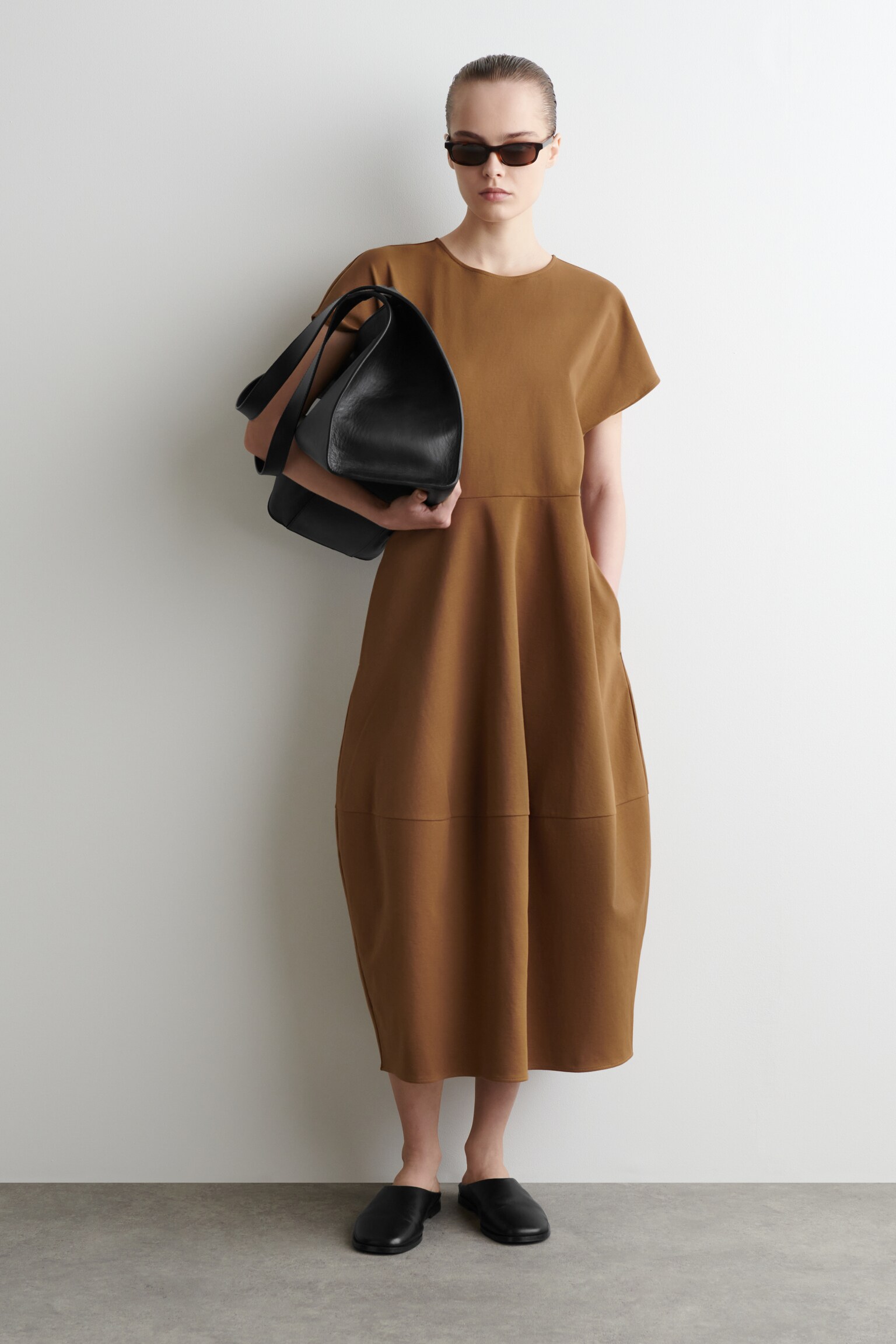 SCULPTED COTTON MIDI DRESS - OCHRE/NAVY/LIGHT BLUE/BLACK