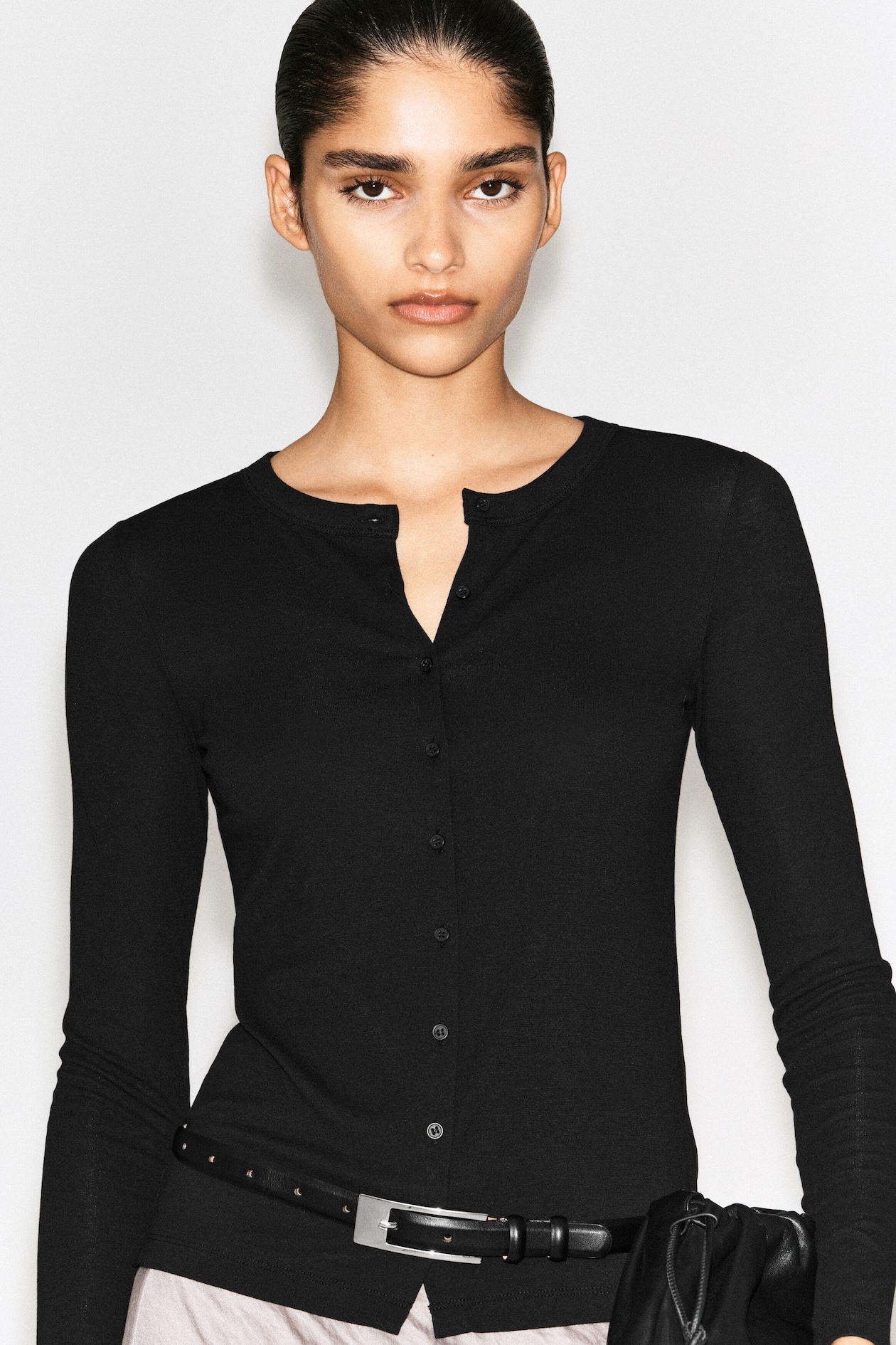 JERSEY CARDIGAN TOP — BLACK