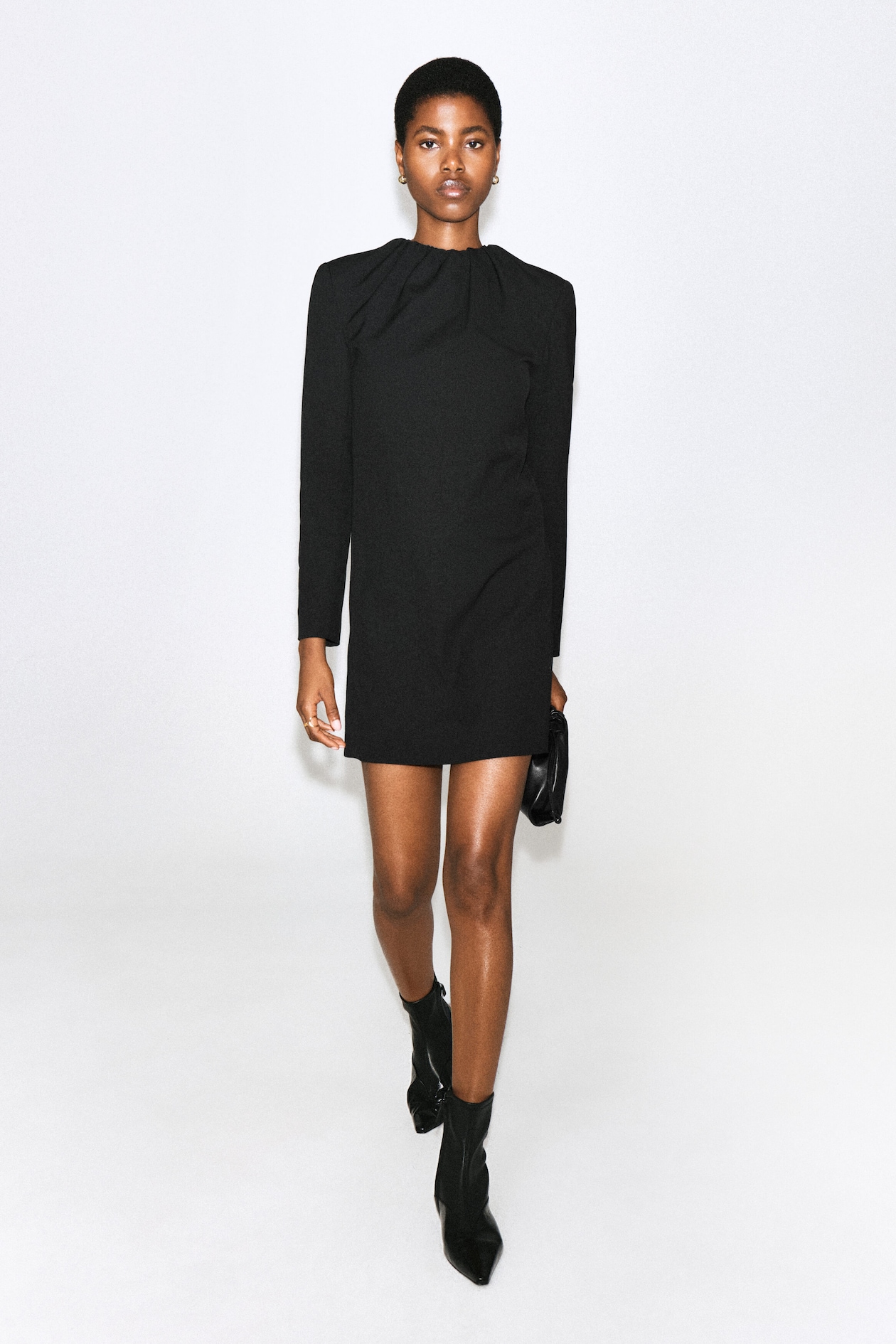 PLEATED TAILORED TWILL MINI DRESS — BLACK