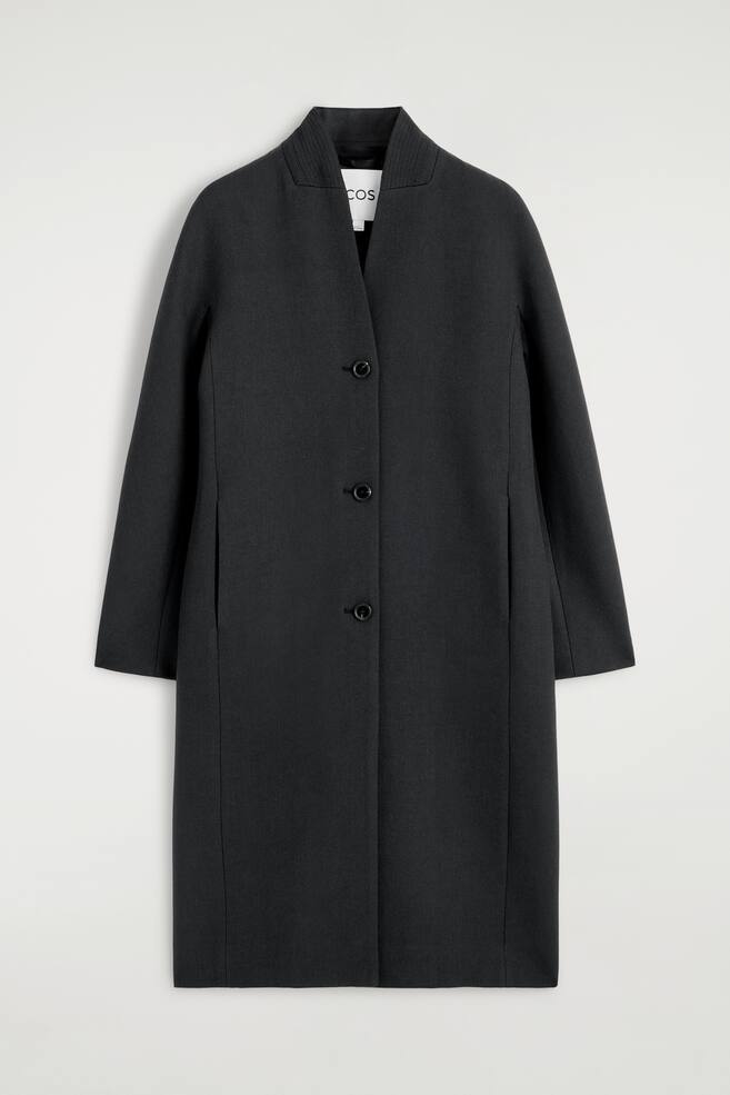 COLLARLESS WOOL-TWILL COAT - DARK GREY - 1