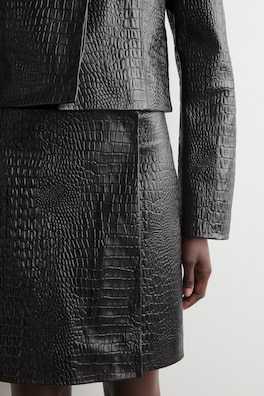 CROC-EFFECT LEATHER MINI WRAP SKIRT — BLACK 2