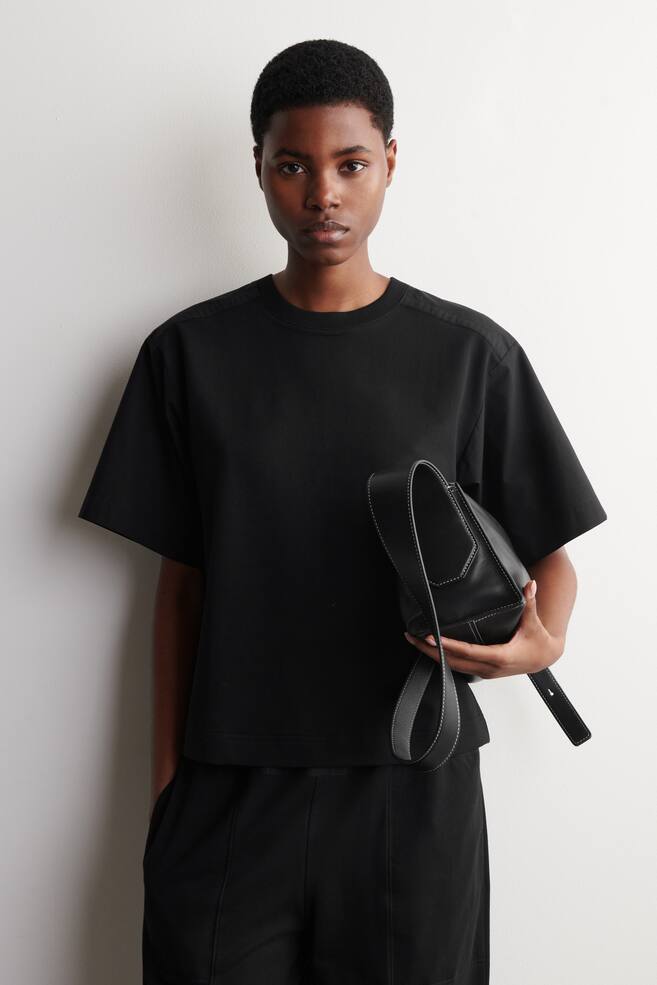 POPLIN-PANELLED JERSEY T-SHIRT - BLACK - 1