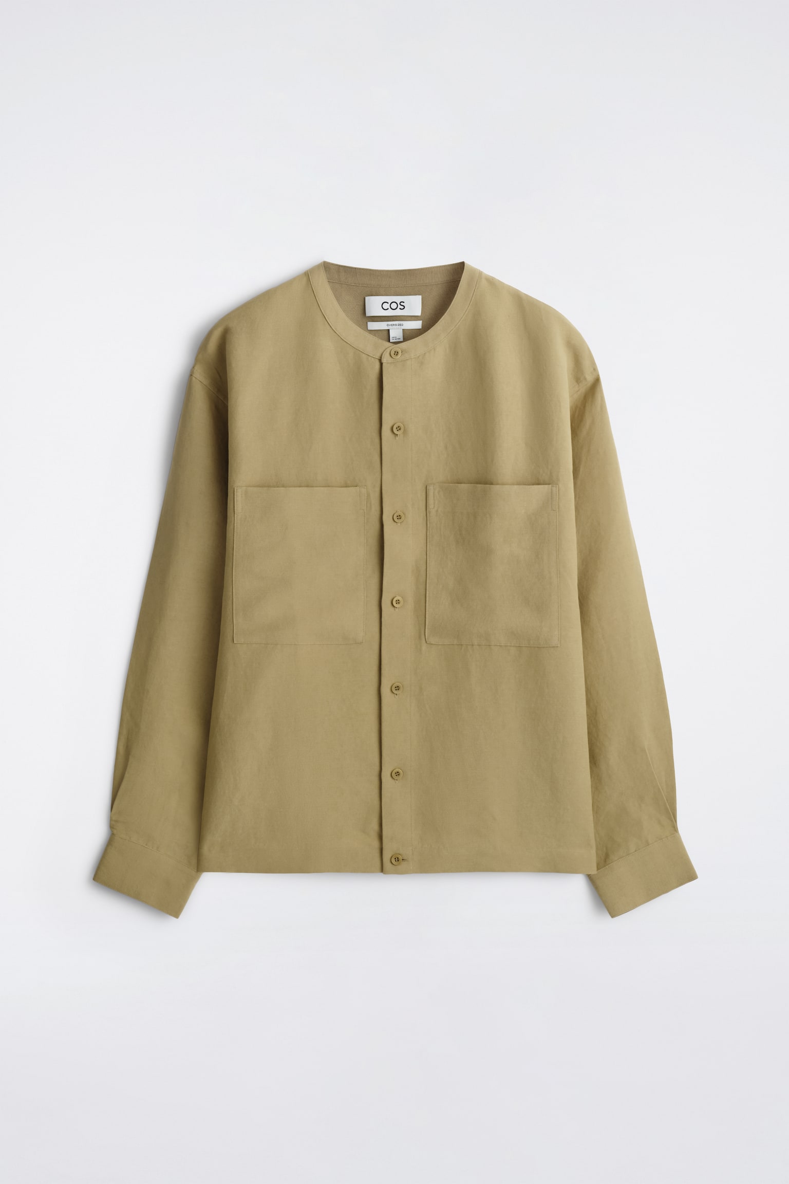 OVERSIZED GRANDAD-COLLAR LINEN SHIRT - BEIGE/DARK BROWN - 2