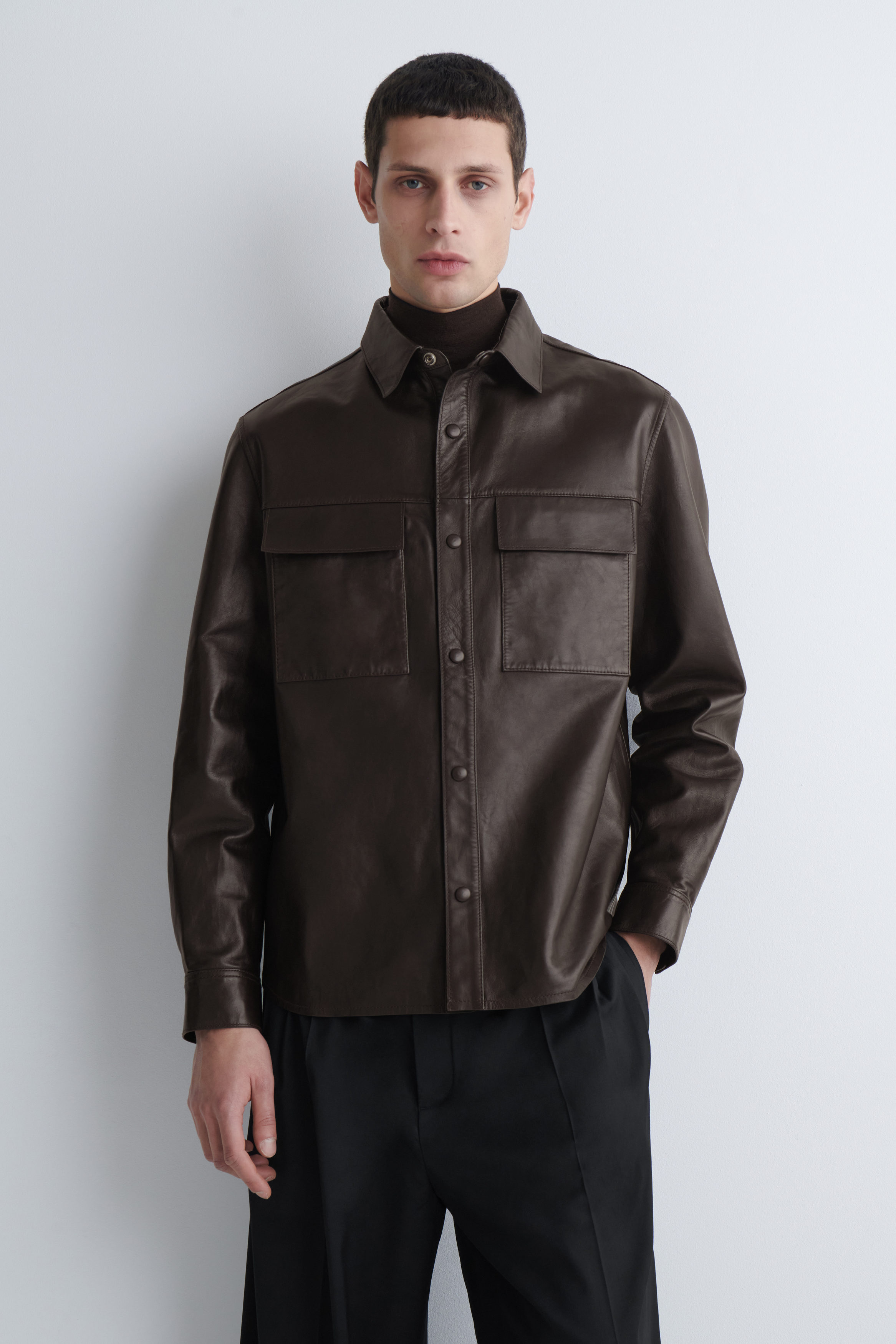 COS Leather Overshirt 黒 レザージャケット ボタン付き COS Lamb Leather Overshirt | endource