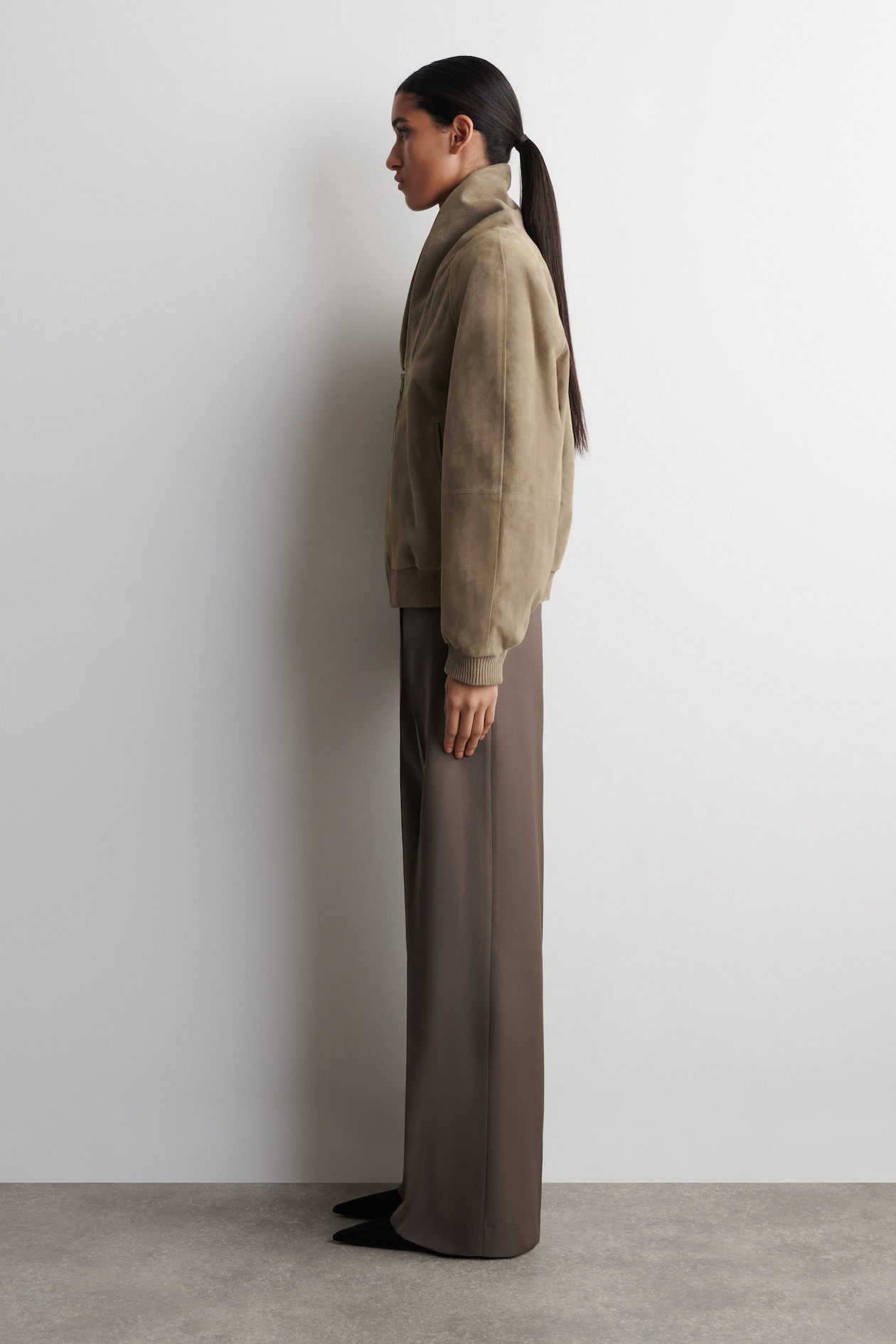 SHAWL-COLLAR SUEDE BOMBER JACKET — BEIGE