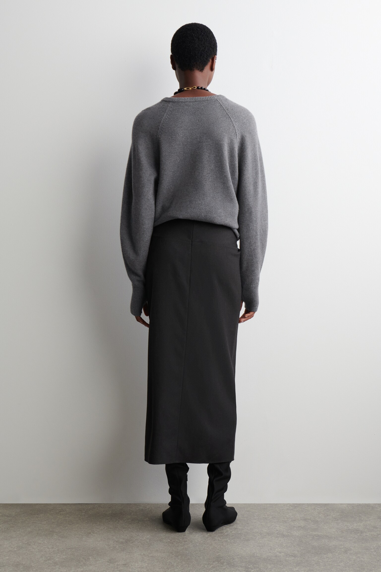 JUPE MIDI DRAPÉE EN LAINE MÉLANGÉE - GRIS ANTHRACITE CHINÉ - 6