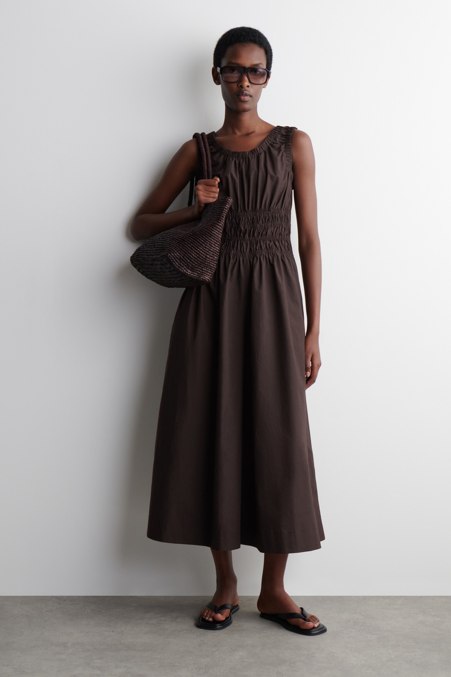 SHIRRED COTTON JUMPSUIT - BROWN