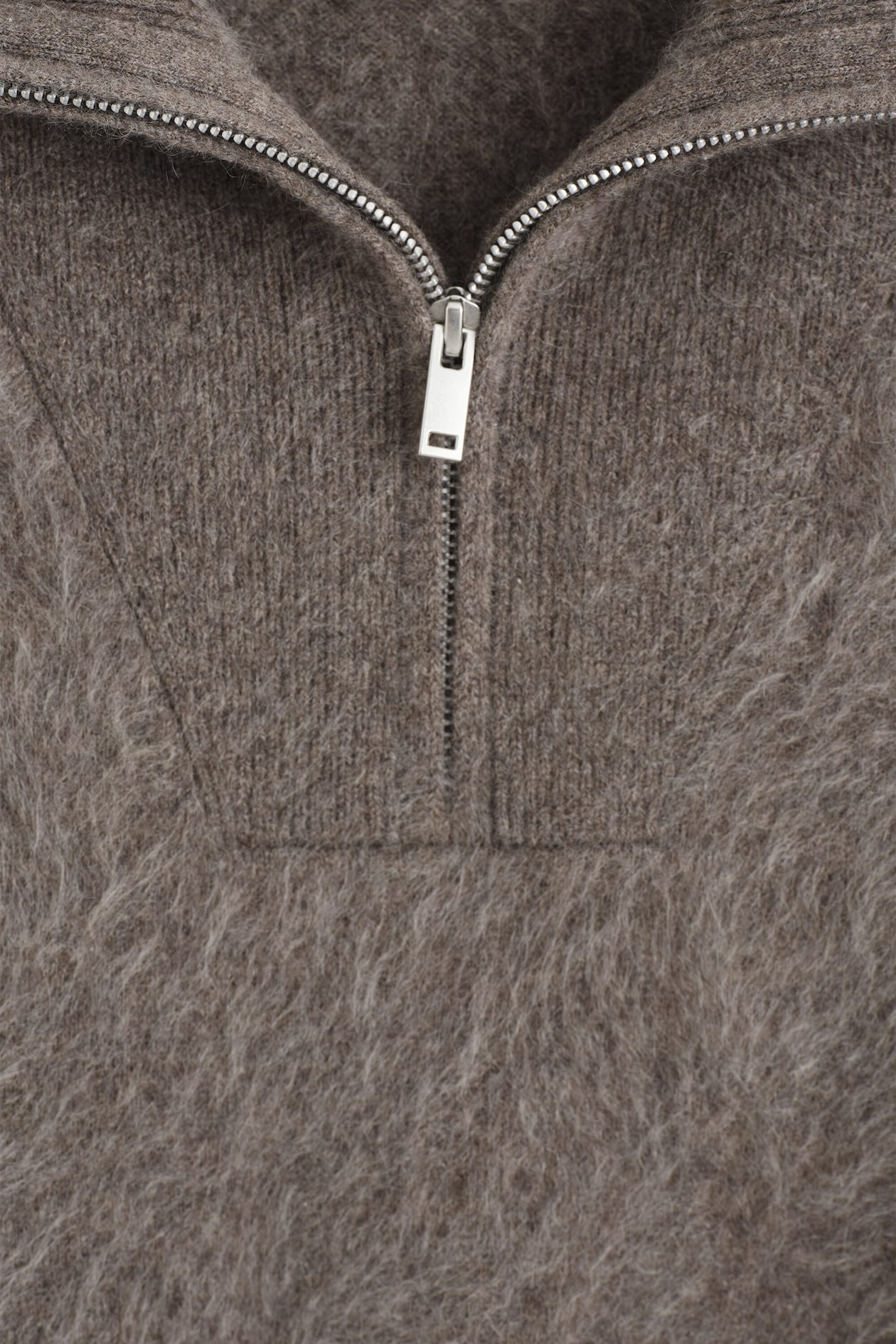BRUSHED PURE CASHMERE ZIP-UP SWEATER — BROWN