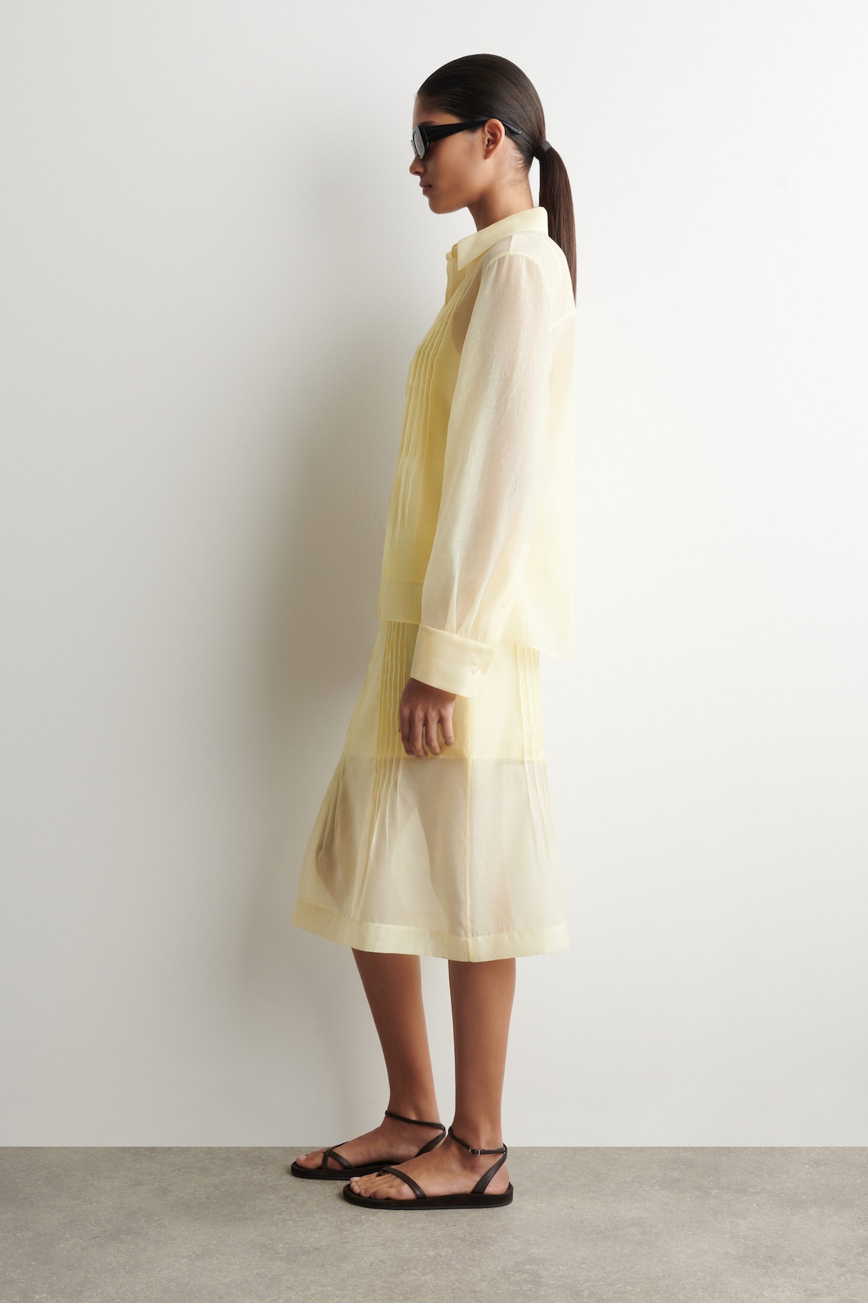 SHEER PINTUCKED SHIRT — YELLOW
