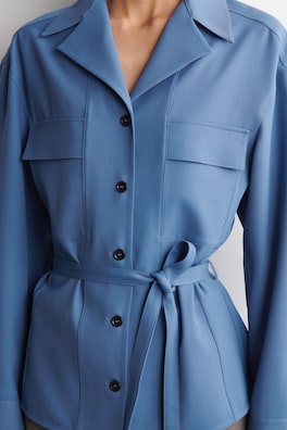 BELTED MERINO WOOL BLEND UTILITY SHIRT — BLUE 3