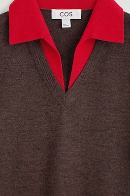 MERINO WOOL LAYERED POLO SHIRT — BROWN / RED 6