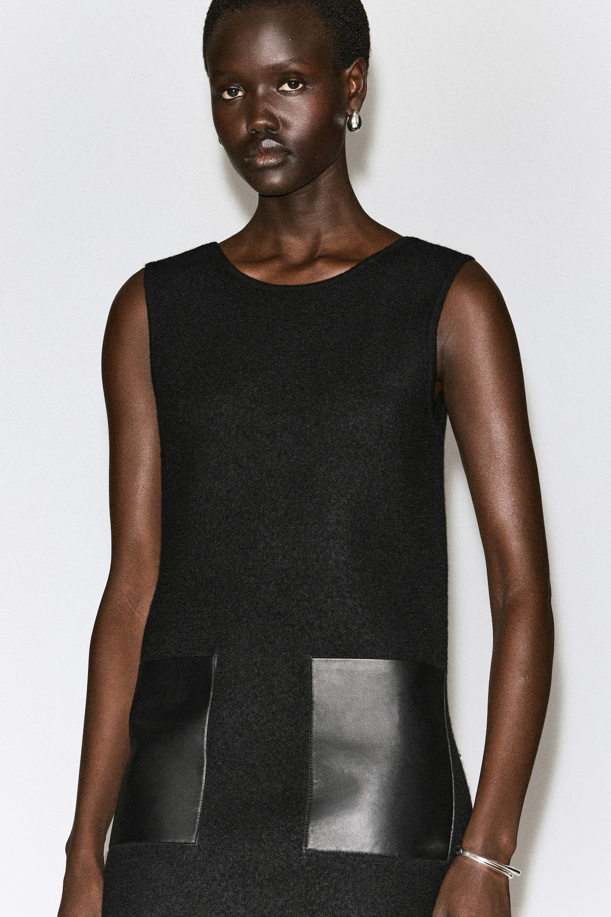 LEATHER-PATCH BOILED-WOOL MINI DRESS — BLACK