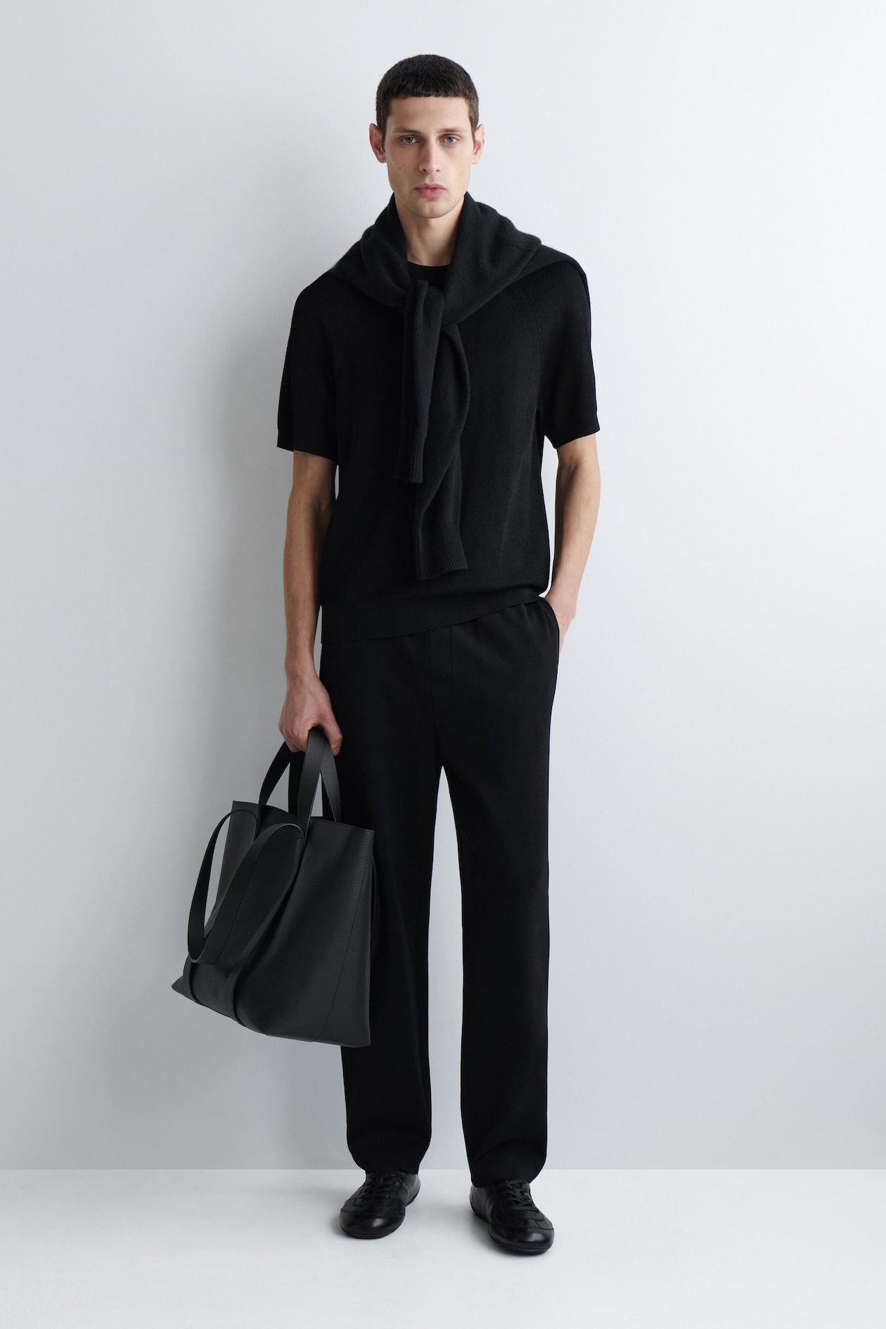 DOUBLE-FACED REGULAR-FIT STRAIGHT-LEG JOGGERS — BLACK