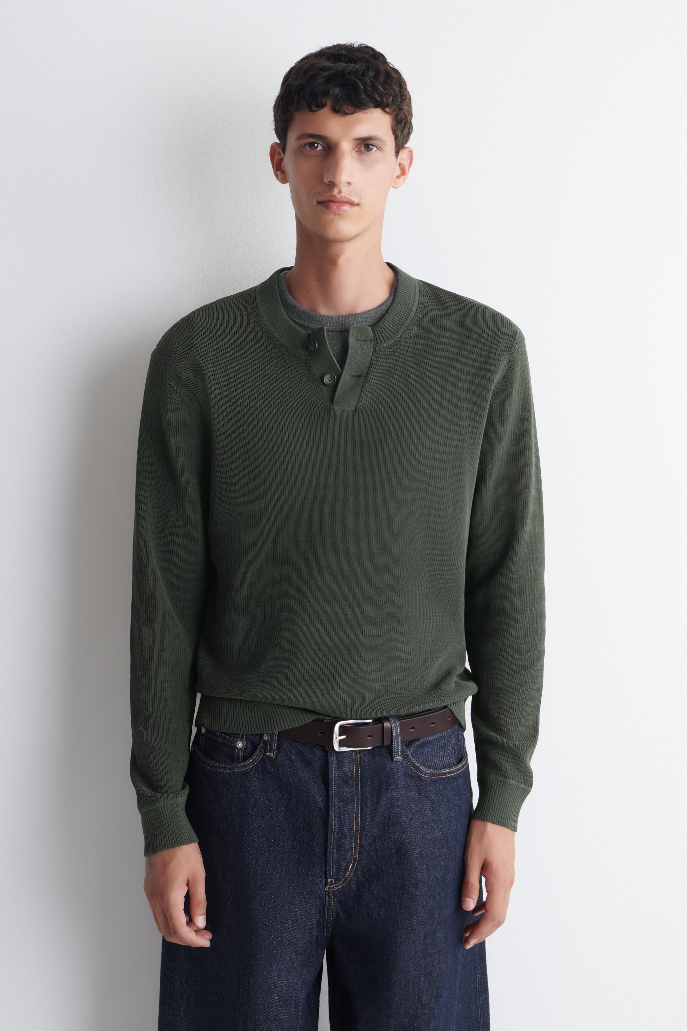 KNITTED COTTON HENLEY SWEATER