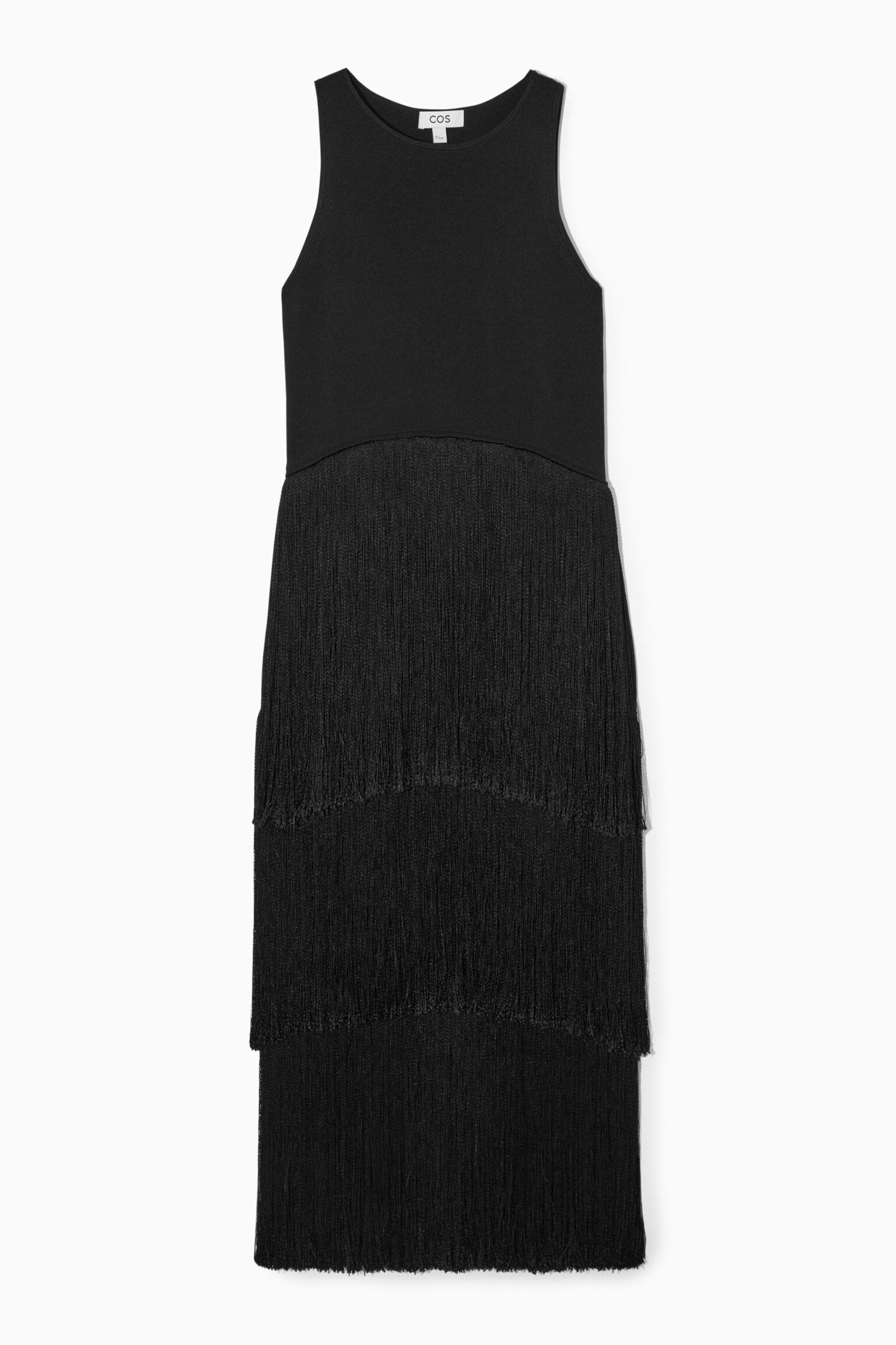 FRINGED TIERED MIDI DRESS - BLACK