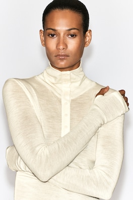 MERINO WOOL BUTTONED MOCK-NECK TOP — IVORY 5