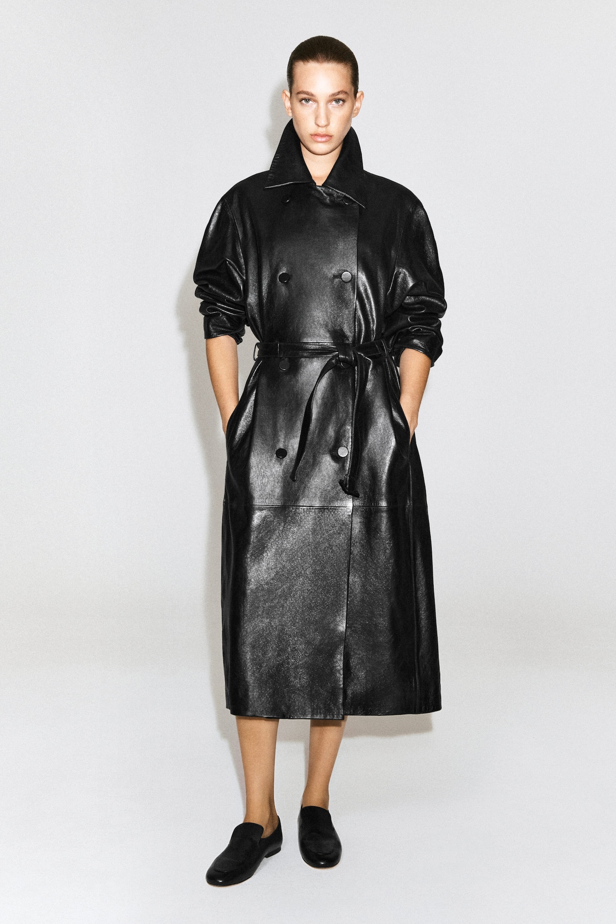 OVERSIZED BELTED LEATHER LONG COAT — BLACK
