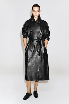 OVERSIZED BELTED LEATHER LONG COAT — BLACK 3