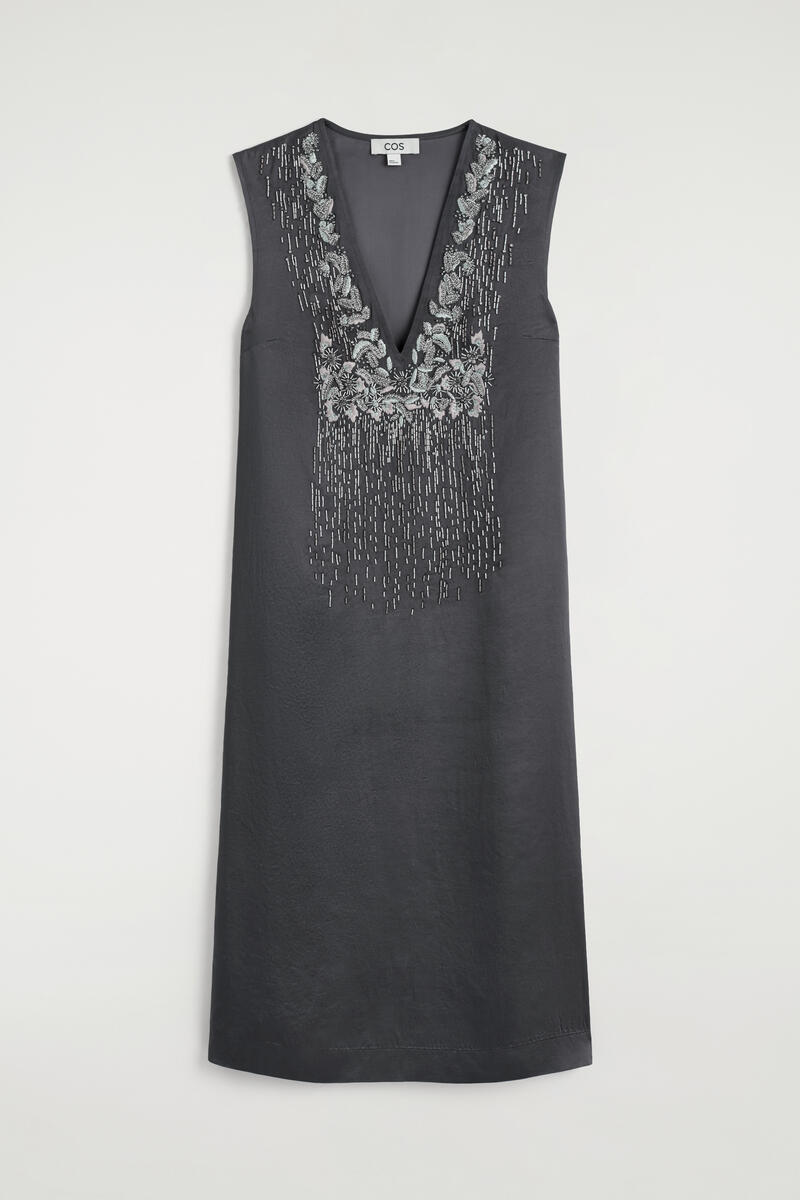 Beaded Satin V-Neck Midi Dress