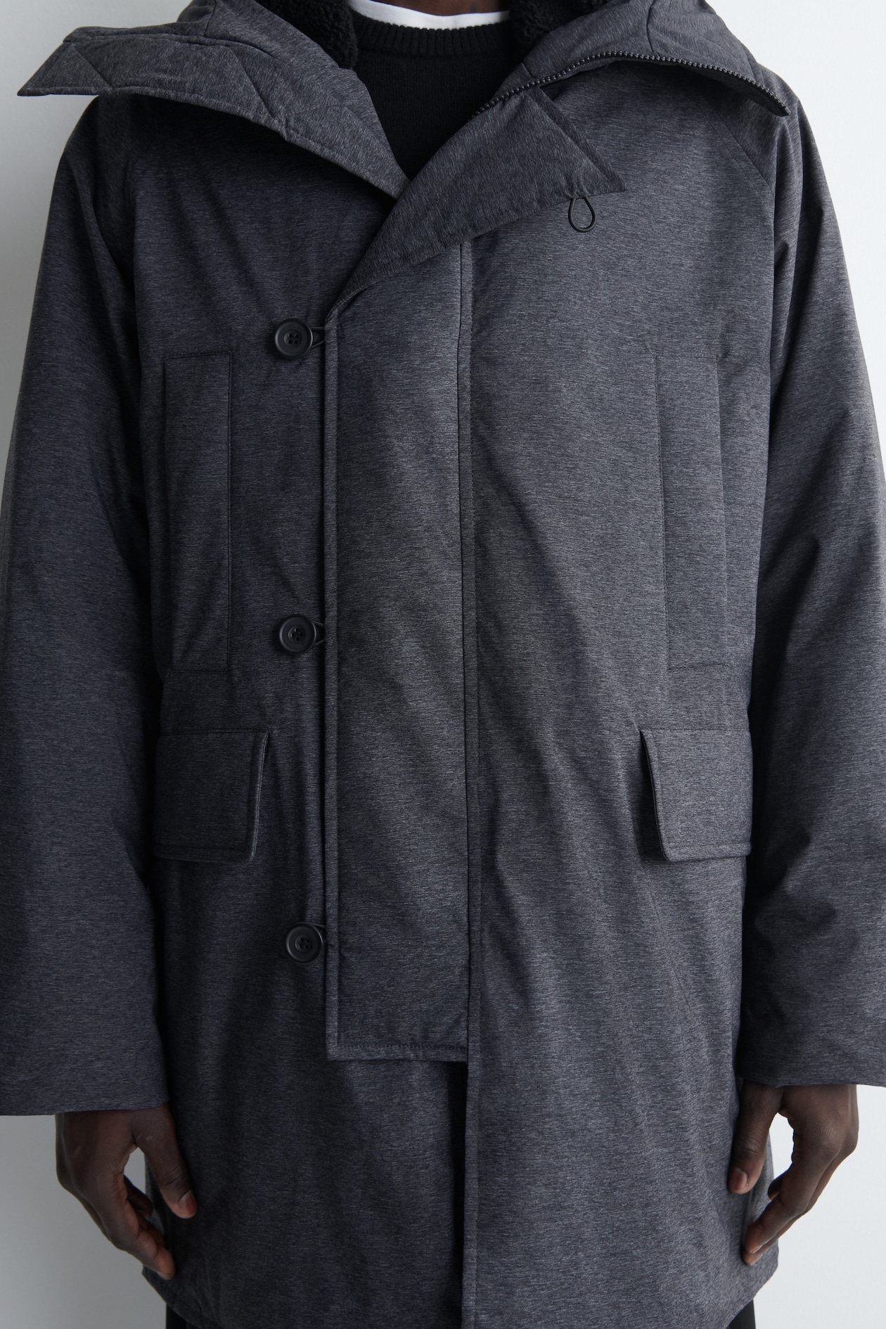 TECHNICAL HOODED DOWN PARKA — DARK GRAY