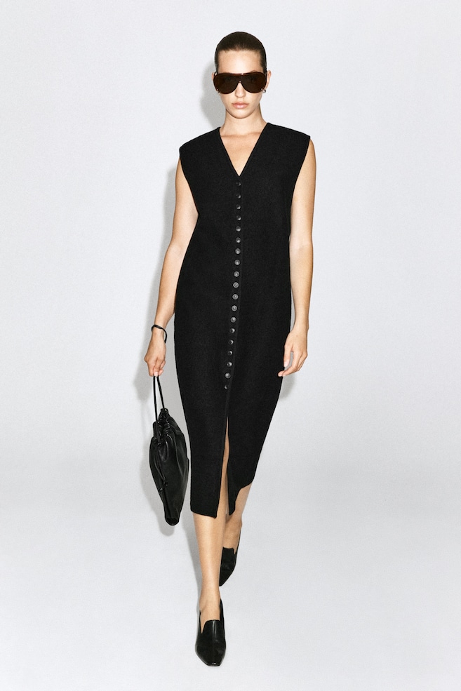 BUTTONED BOILED MERINO WOOL DRESS — BLACK