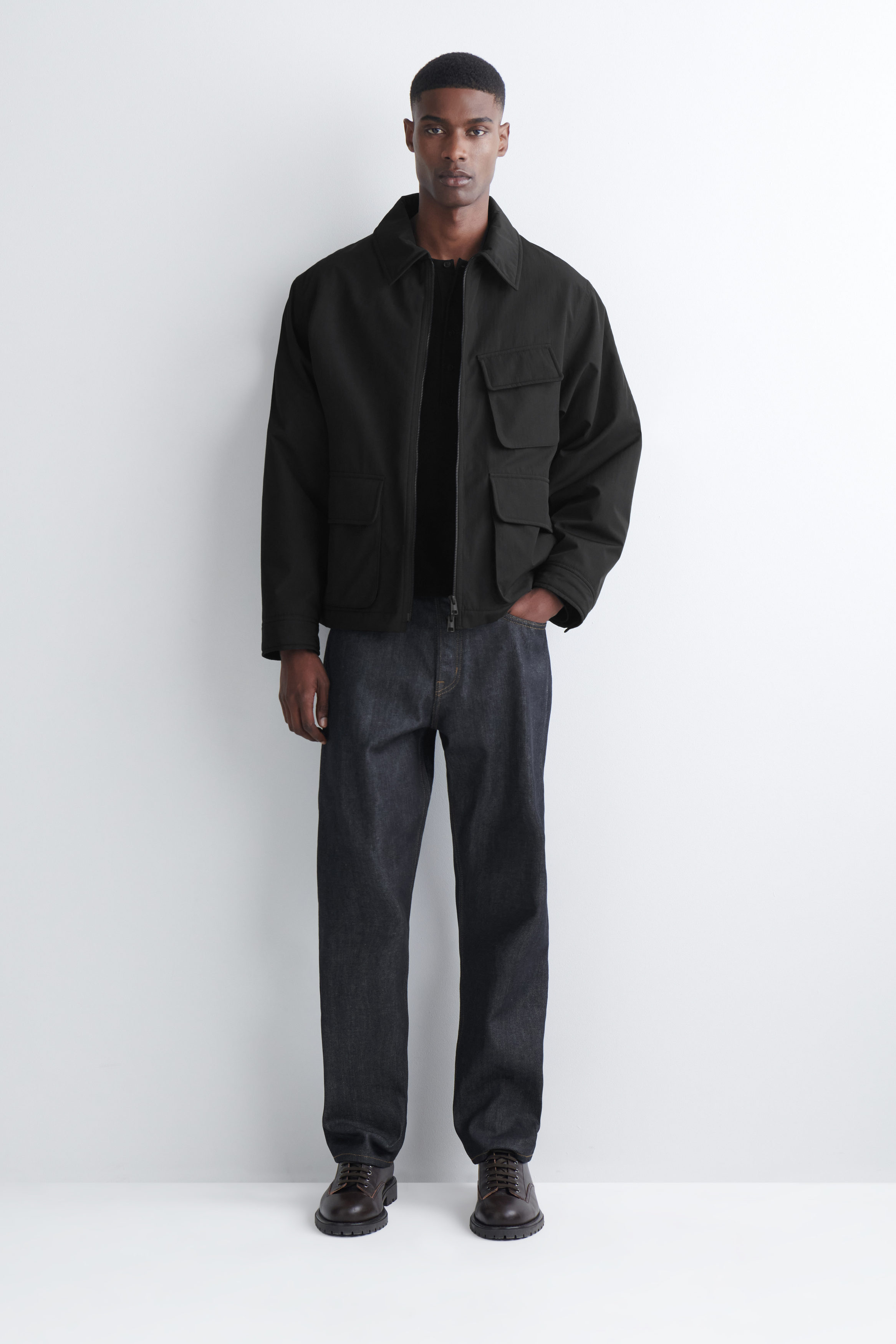 SLIM RIBBED COTTON LONG-SLEEVED HENLEY T-SHIRT - BLACK | COS NO