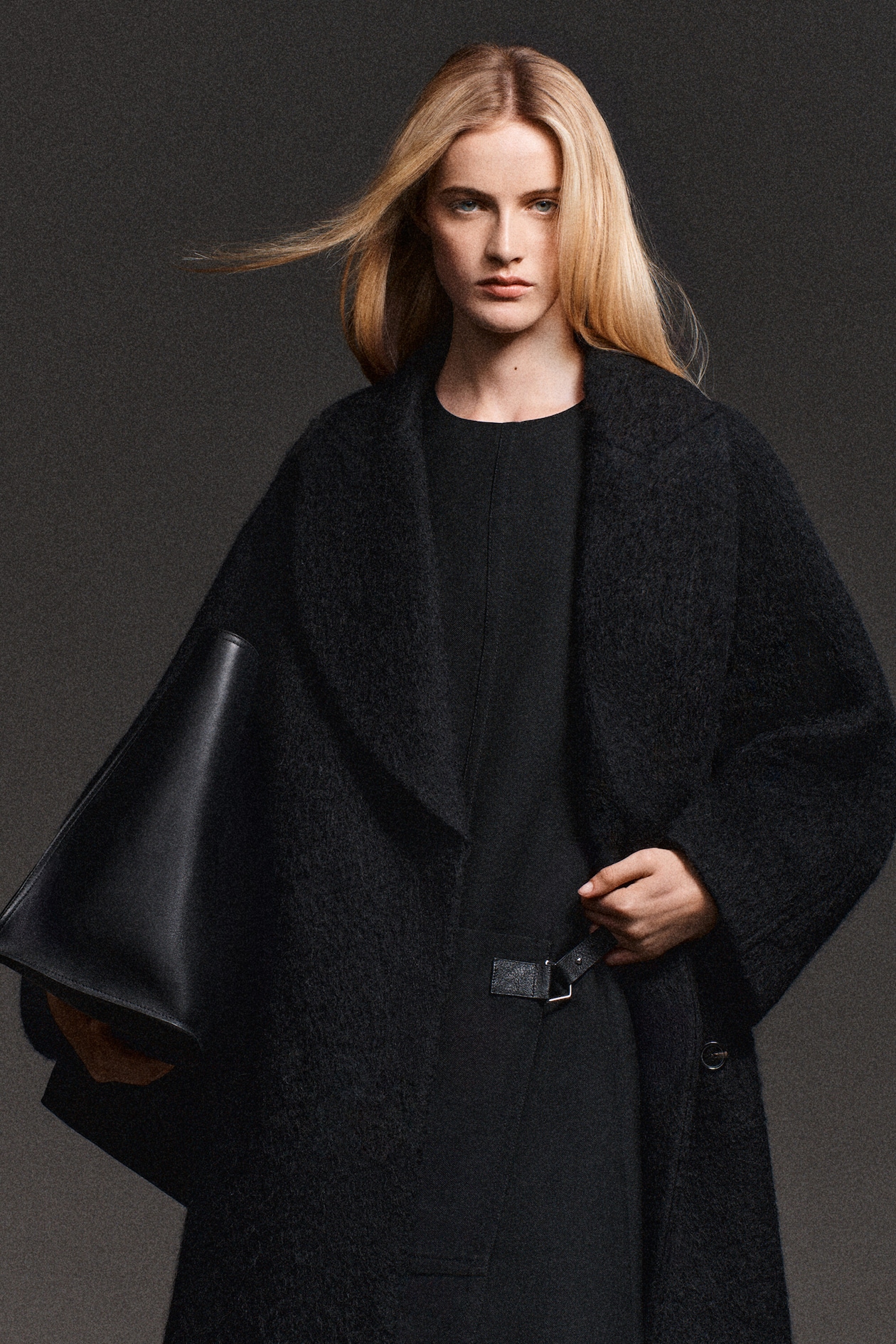 BRUSHED WOOL MAXI COAT — BLACK