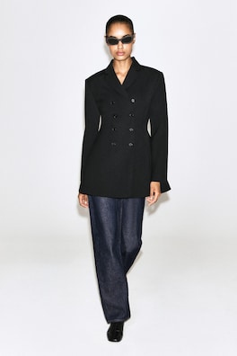 DOUBLE-BREASTED PEPLUM BLAZER — BLACK 1