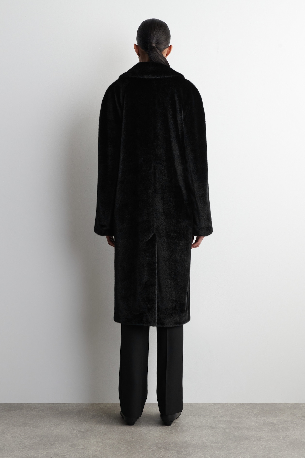 FUR-EFFECT LONG COAT — BLACK