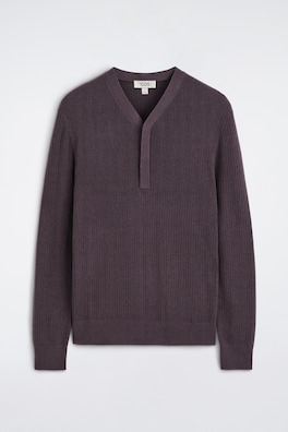 MERINO-LYOCELL RIBBED-KNIT HENLEY TOP — MAHOGANY 8