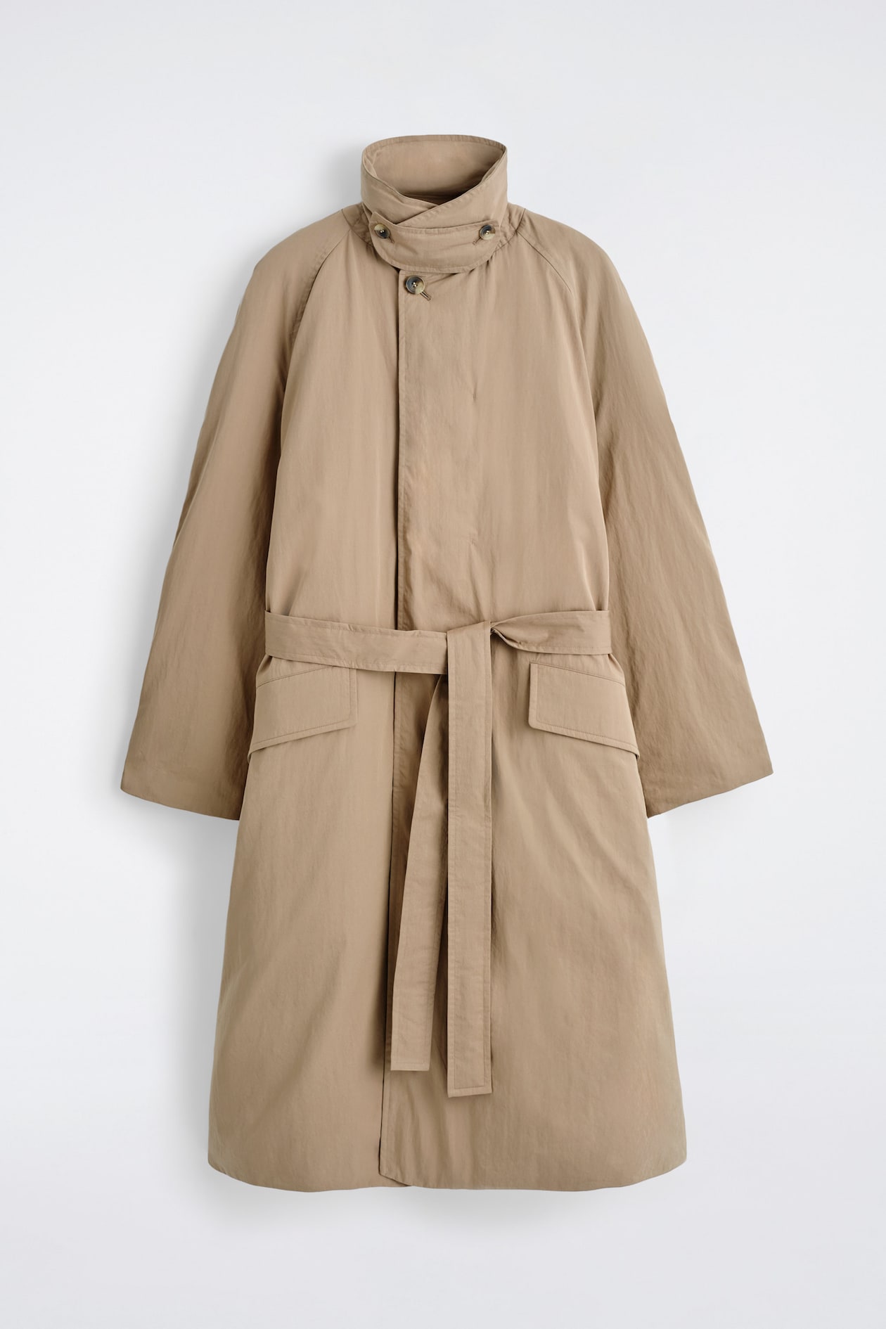 PADDED BELTED FUNNEL-NECK LONG COAT — BEIGE