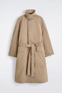 PADDED BELTED FUNNEL-NECK LONG COAT — BEIGE 2