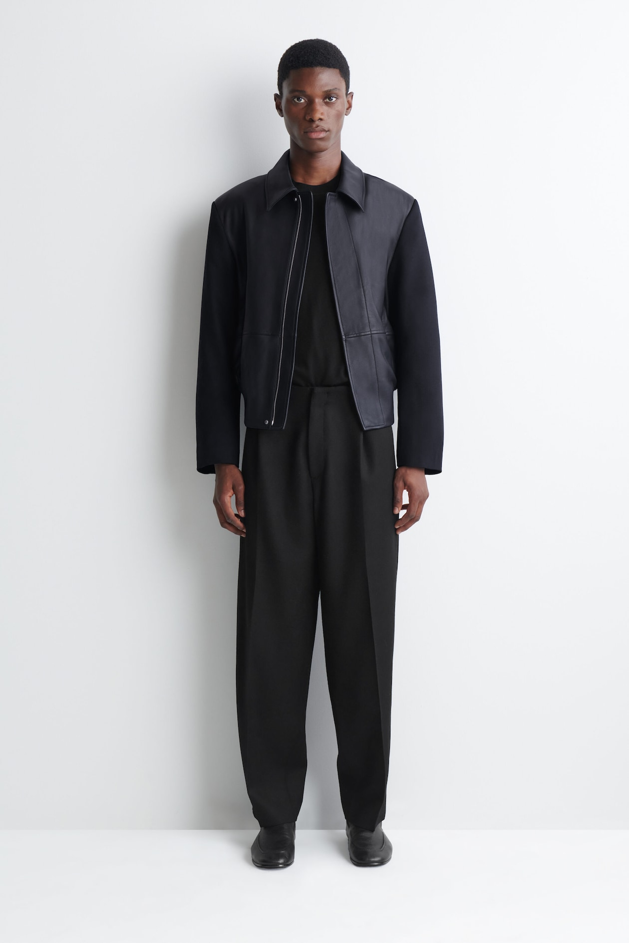 LEATHER-PANELED WOOL BOMBER JACKET — MIDNIGHT