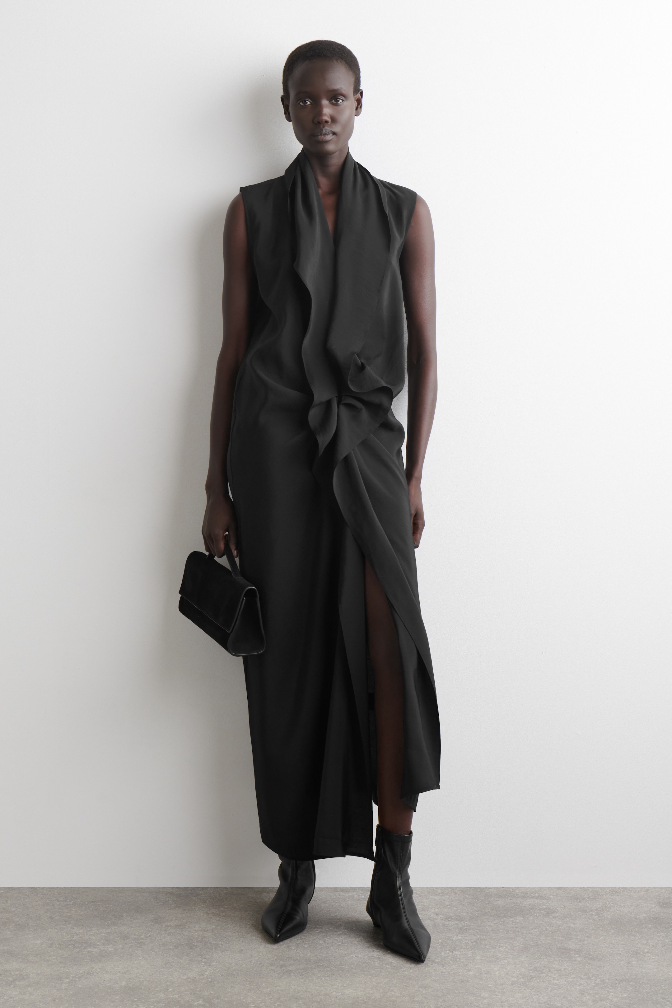 Προβολή μεγαλύτερης εικόνας: RUFFLED DRAPED MIDI DRESS - BLACK - Ladies | H&M GR 1