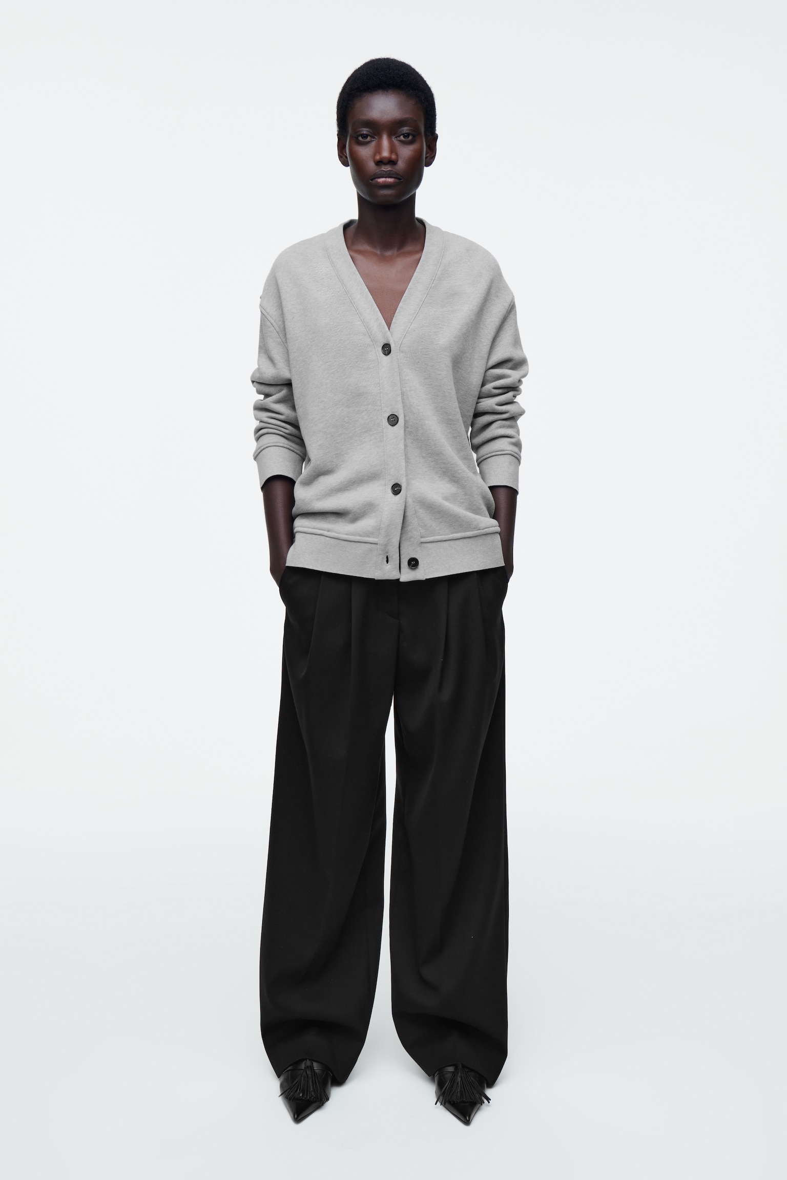 DOUBLE-FACED JERSEY V-NECK CARDIGAN - GREY MÉLANGE - 6