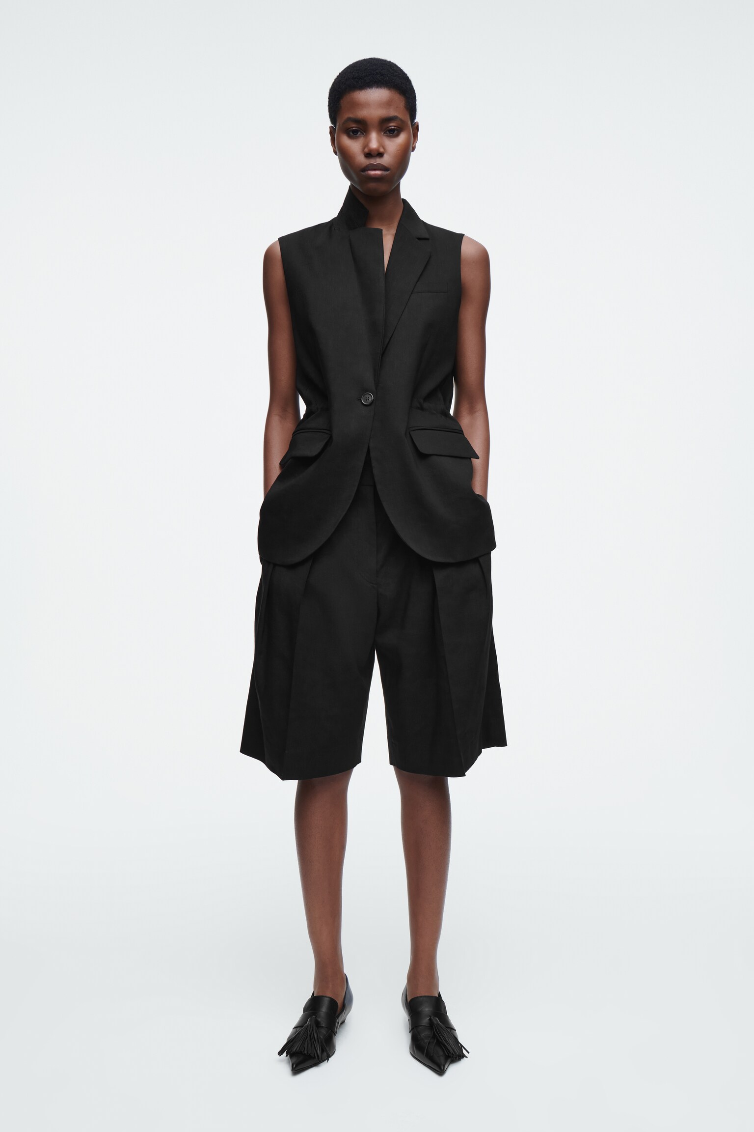 BERMUDA DE TAILLEUR EN LIN - NOIR/ABRICOT - 1