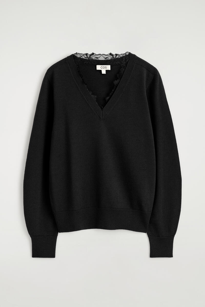 Lace-Detail Merino Wool V-Neck Sweater