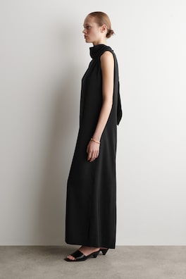 DRAPED TIE-DETAIL HIGH-NECK MAXI DRESS — BLACK 2