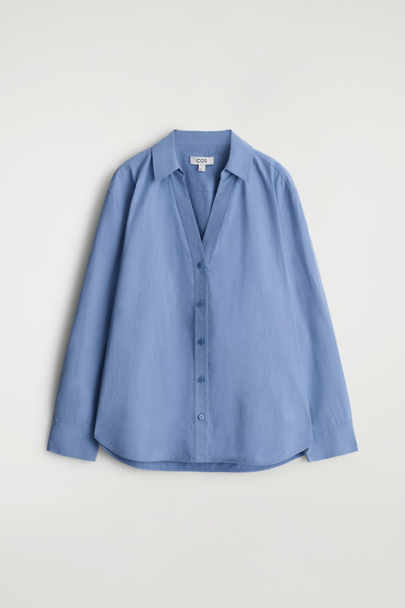 COS Open-Collar Cotton-Poplin Shirt Blue Women's Size 44