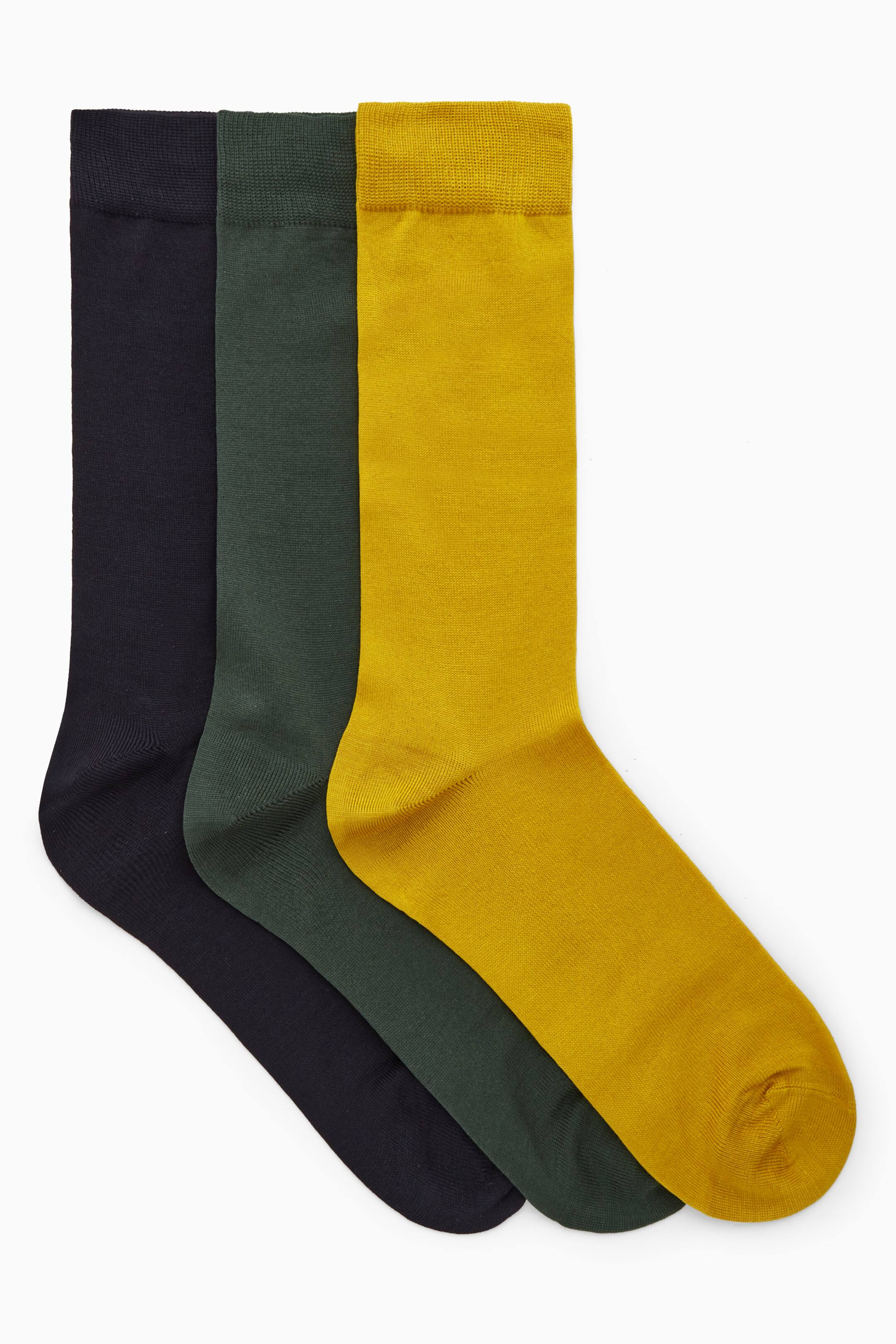 Grotere afbeelding bekijken: 3-PACK MERCERISED COTTON SOCKS - GEEL / DONKERGROEN / MARINEBLAUW - HEREN | H&M NL 1