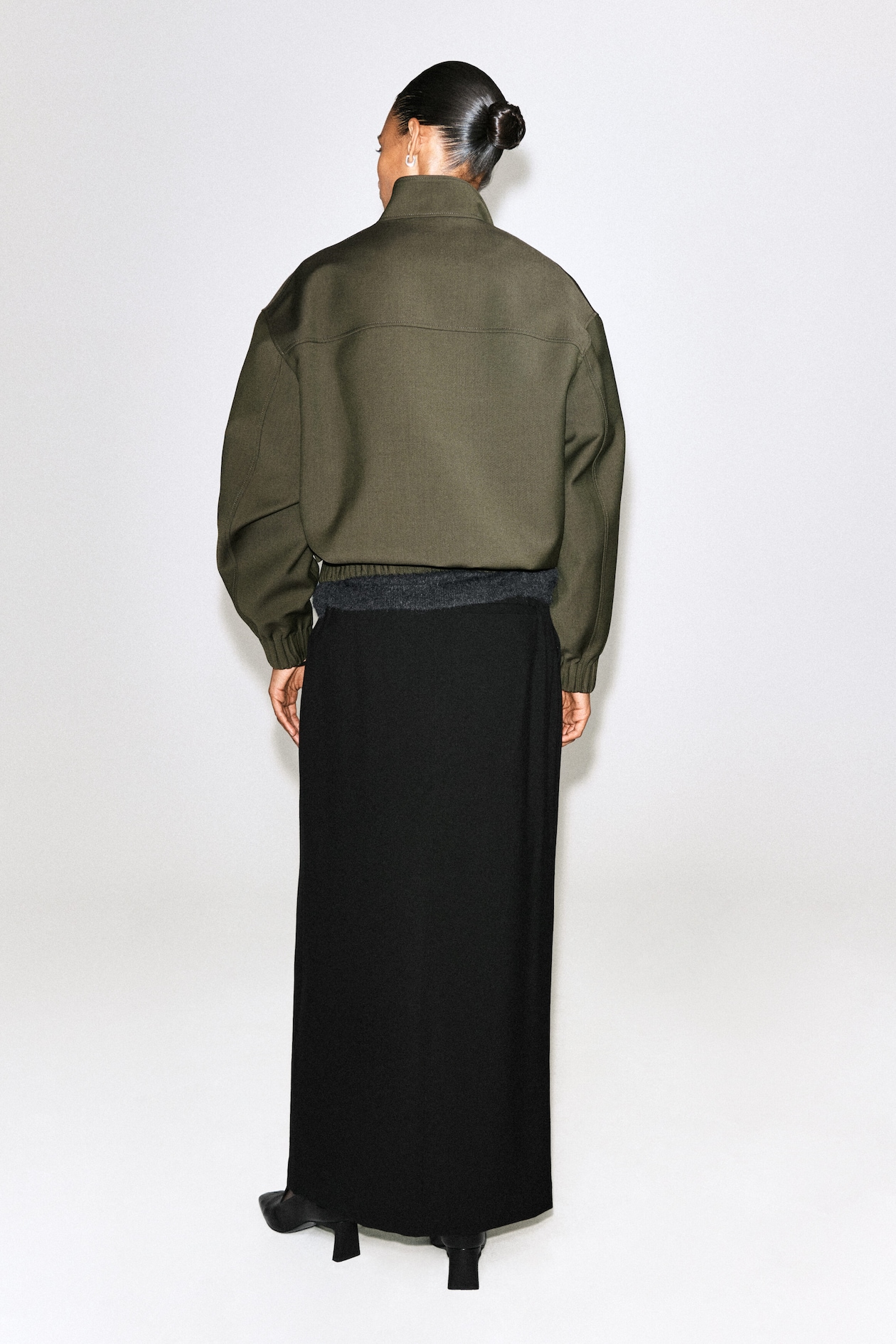 MOCK-NECK WOOL-BLEND BOMBER JACKET — KHAKI MÉLANGE