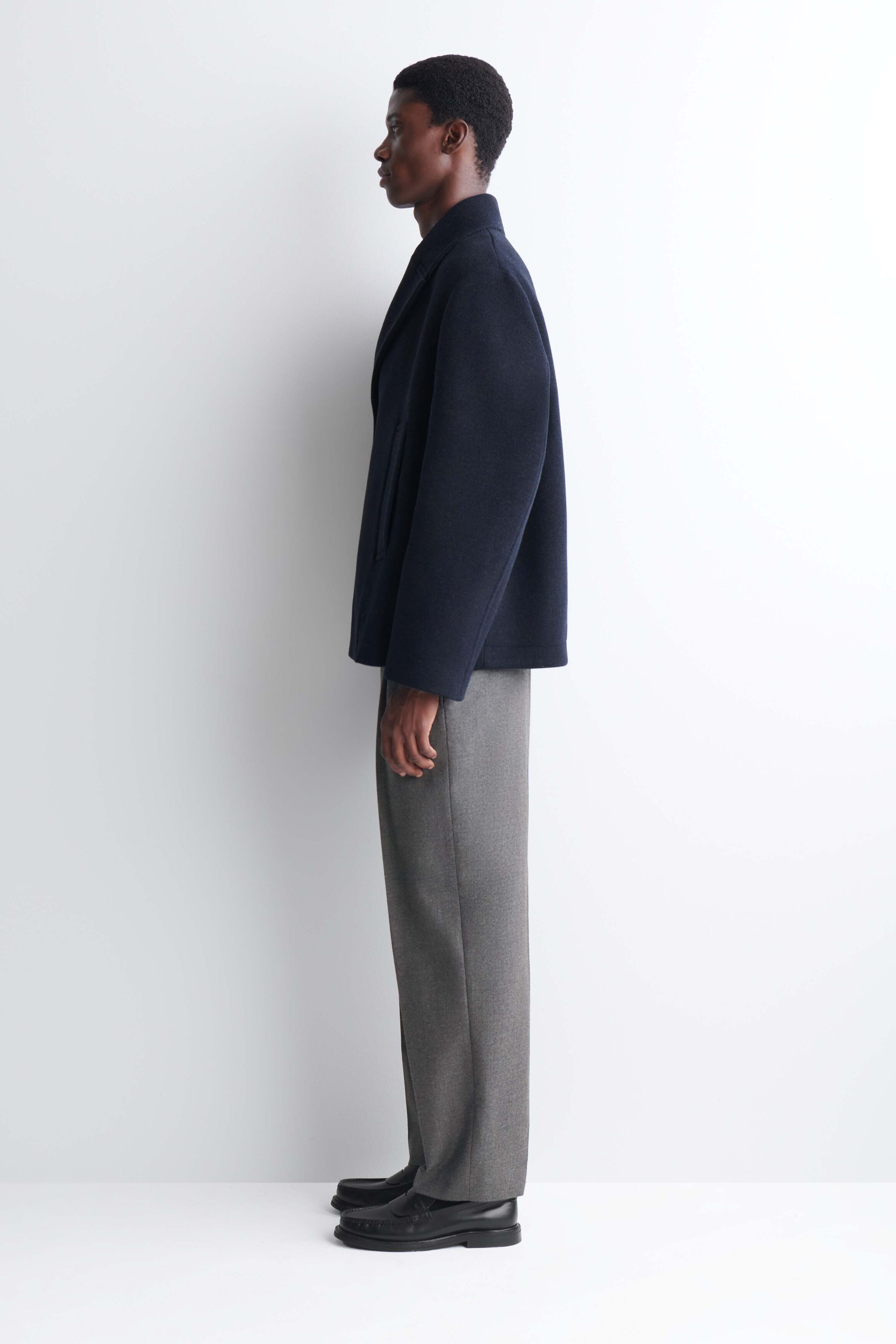 DOUBLE-BREASTED WOOL SHORT PEA COAT - NAVY MÉLANGE | COS DE