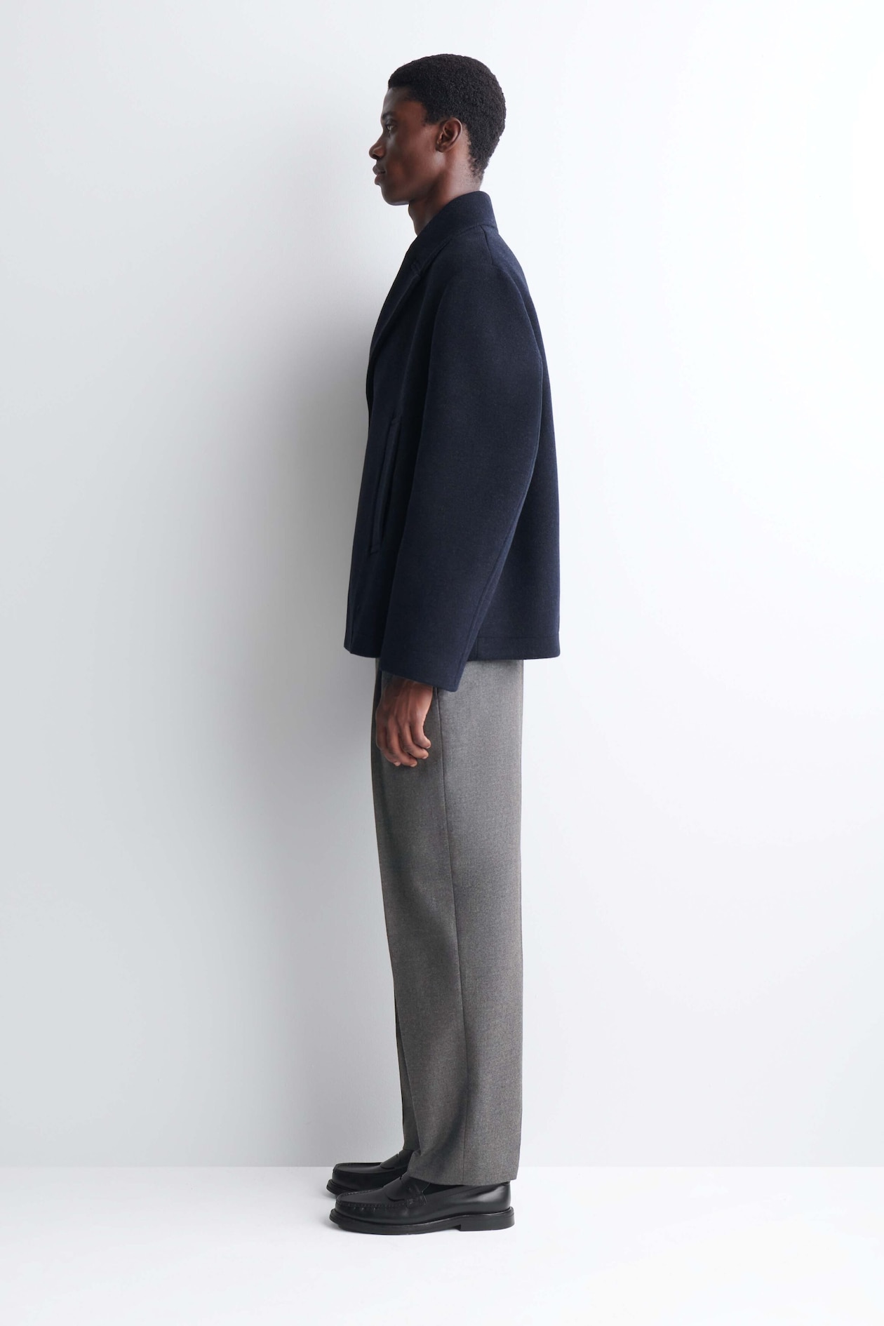 DOUBLE-BREASTED WOOL SHORT PEA COAT — NAVY MÉLANGE